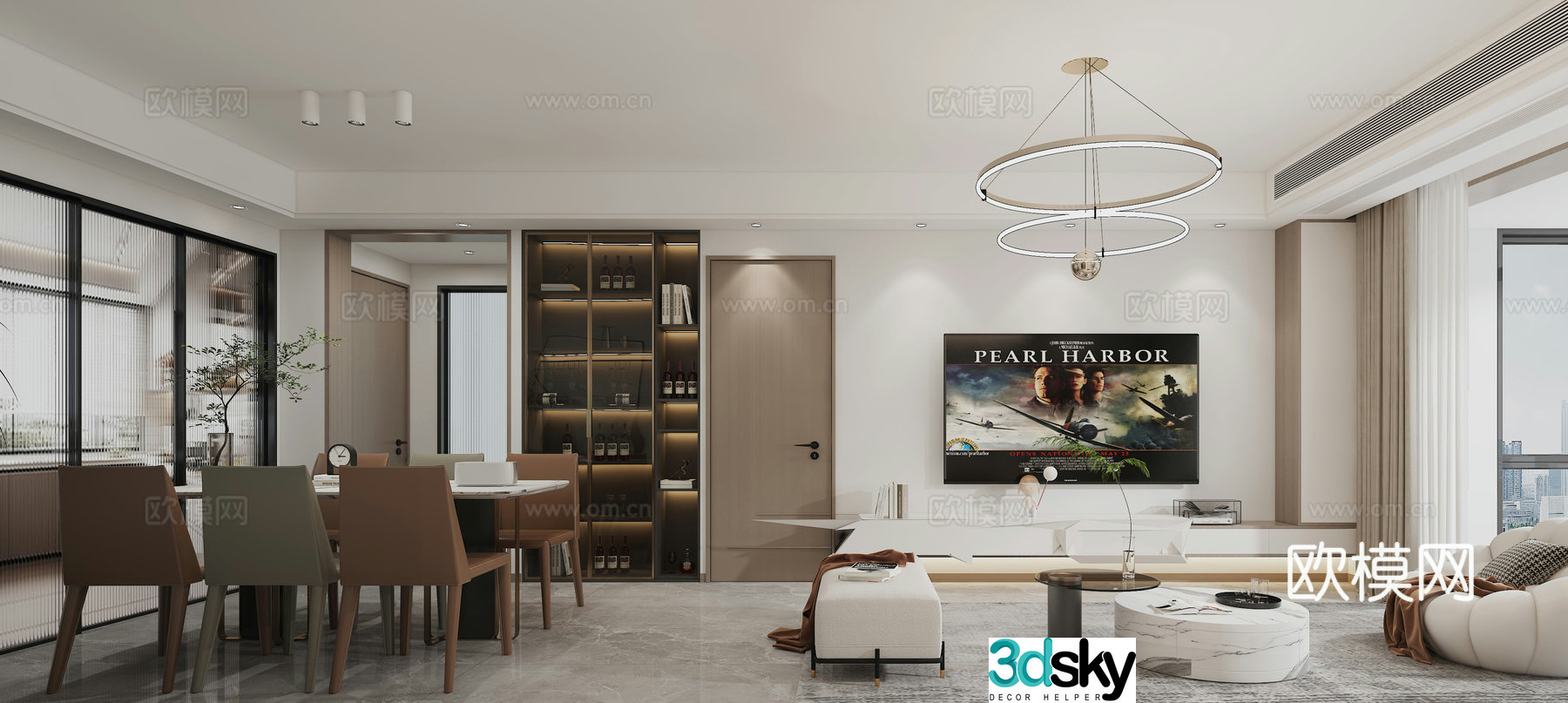 Modern living and dining room 3d model