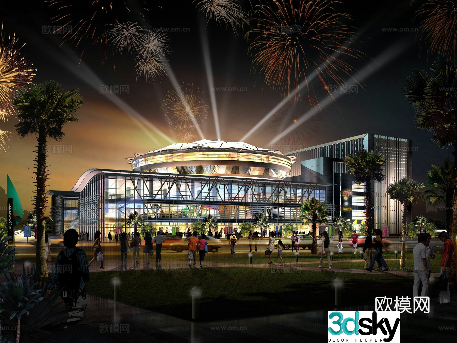 Multi-story public building shopping mall night scene appearance 3D model