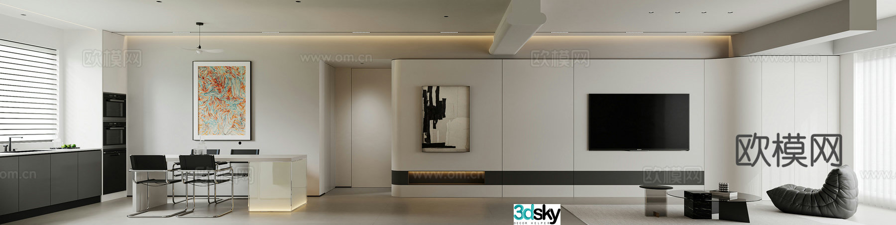 Modern living and dining room 3d model