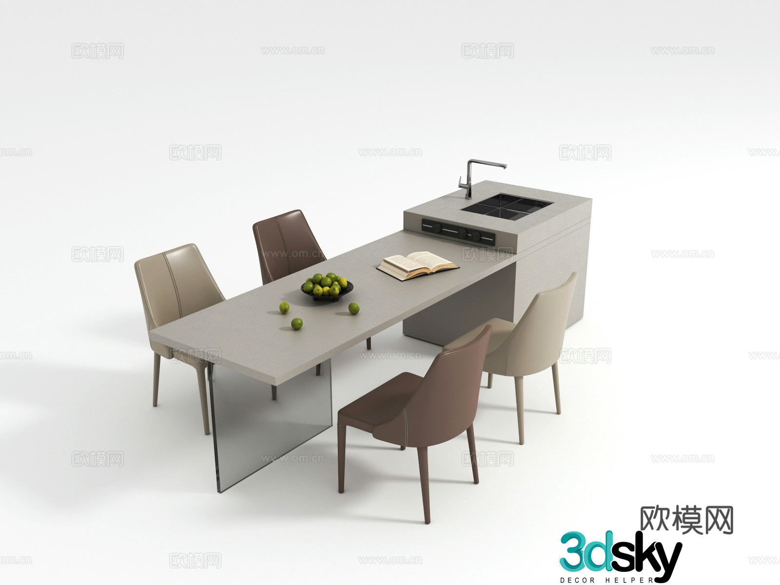 Modern island dining table and chair 3d model
