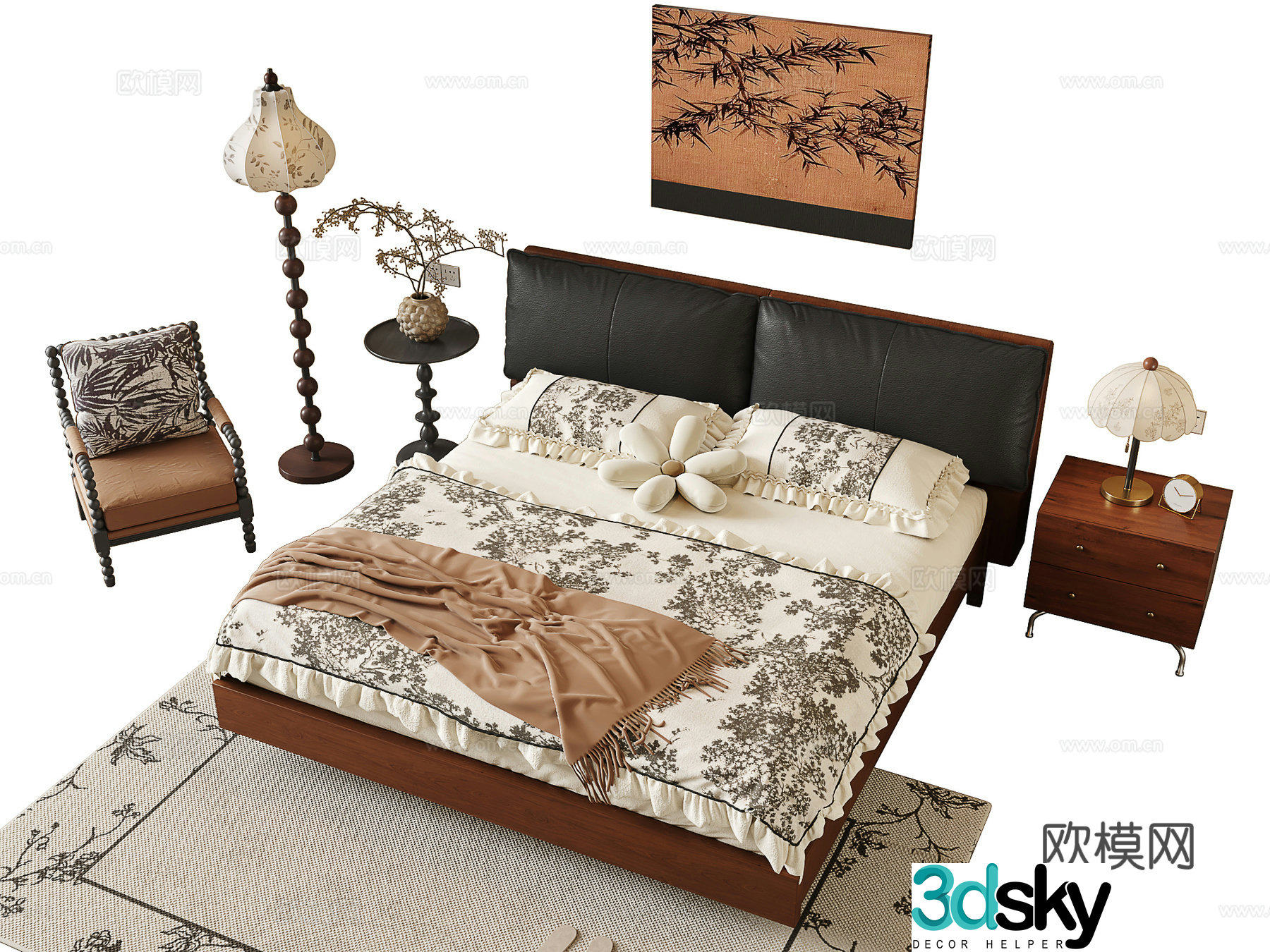 Middle -aged wind double bed 3D model