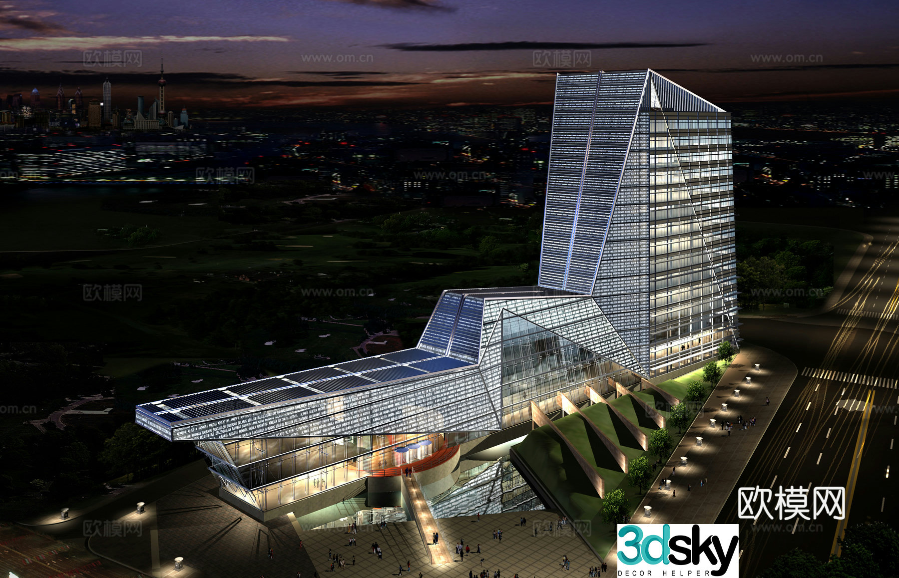 Multi -layer public construction office building appearance night scene 3D model