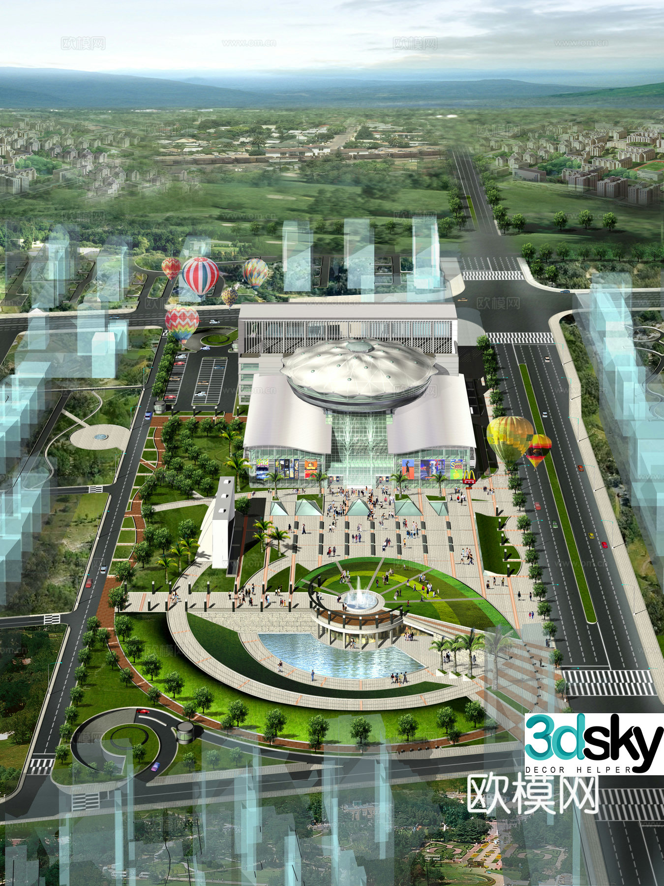 Multi-story public building commercial plaza aerial view 3d model