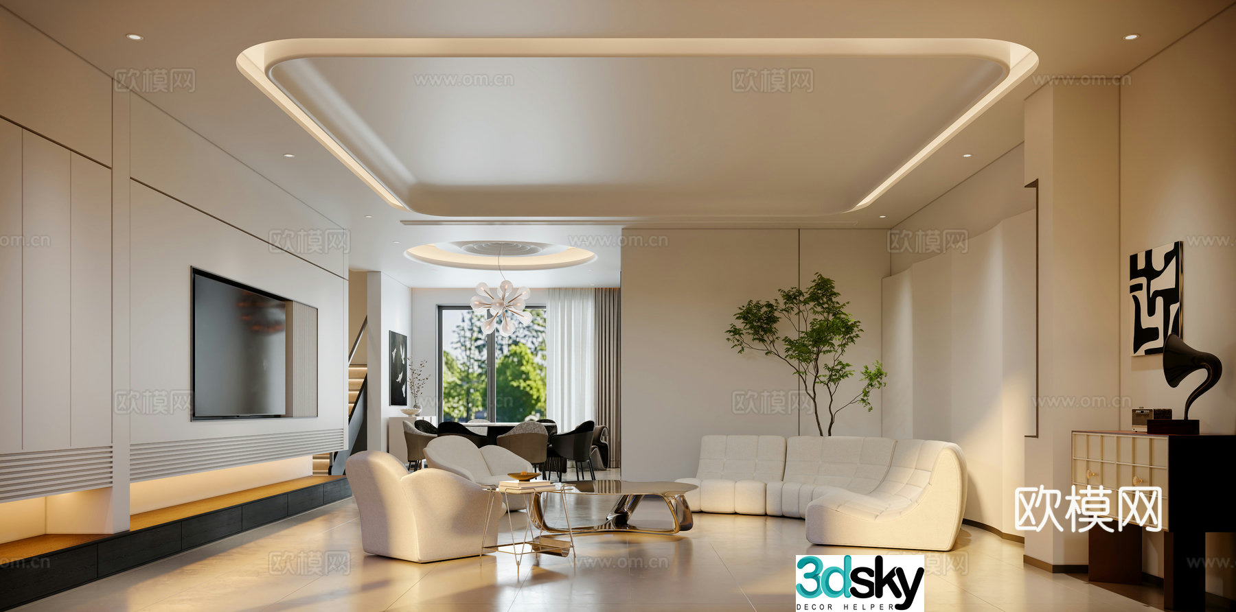 Modern living and dining room 3d model