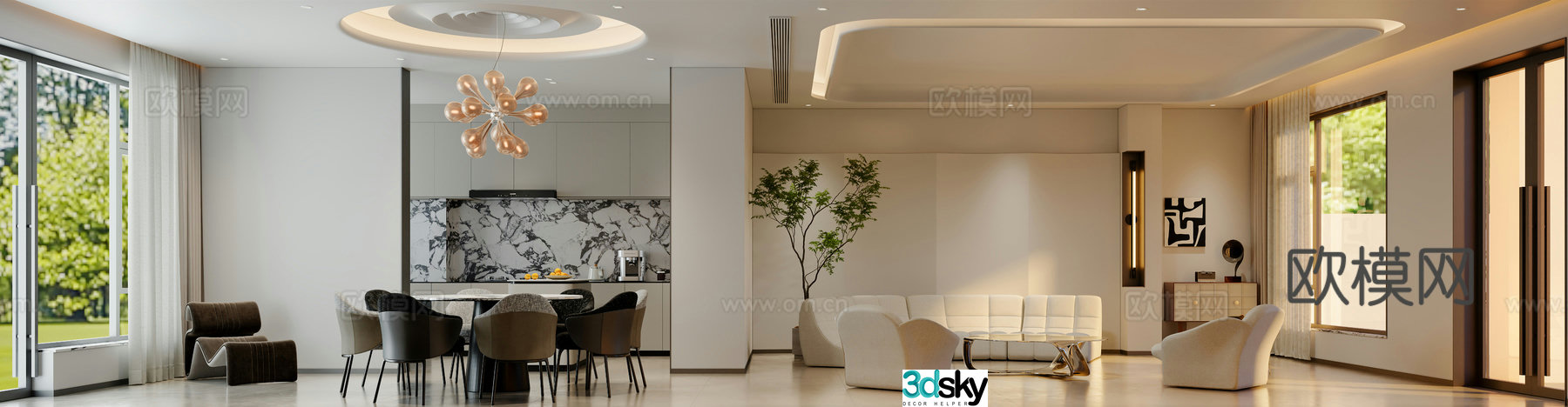 Modern living and dining room 3d model