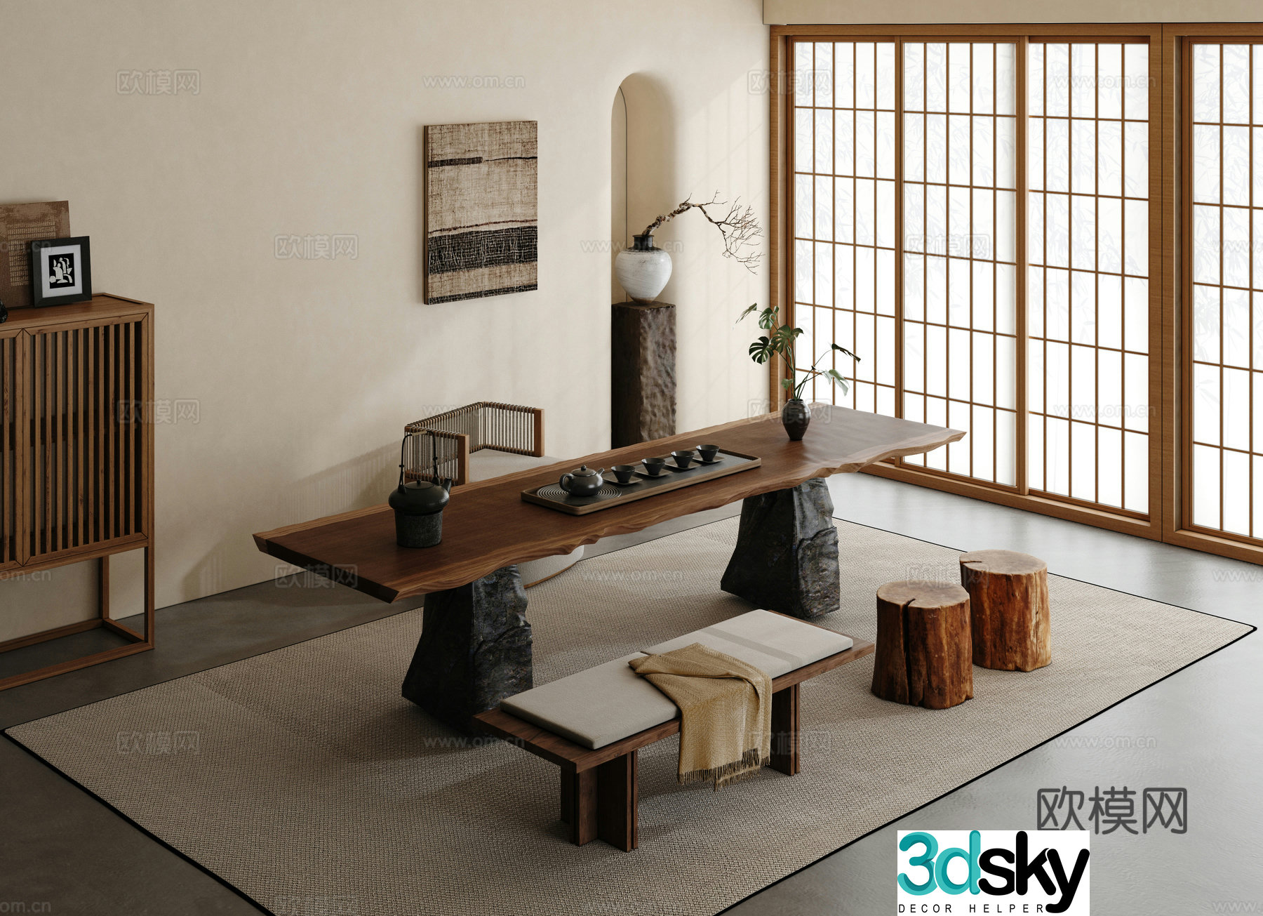Wabi-sabi tea table and chair 3d model