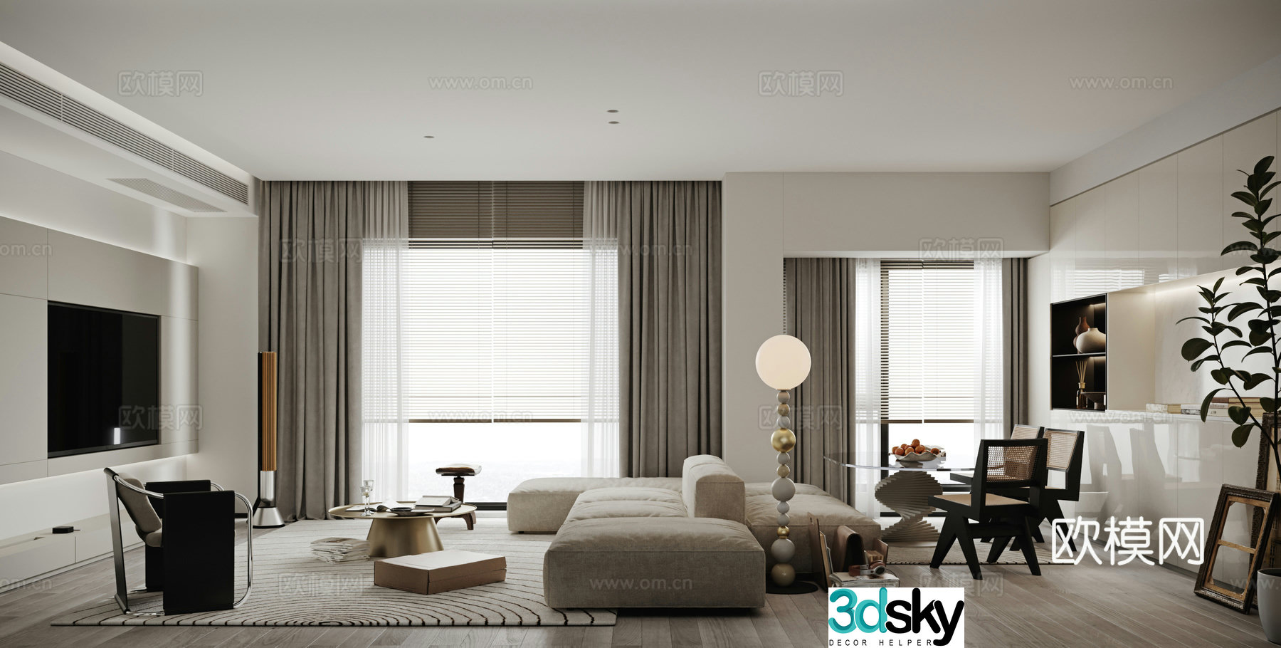 Modern living and dining room 3d model