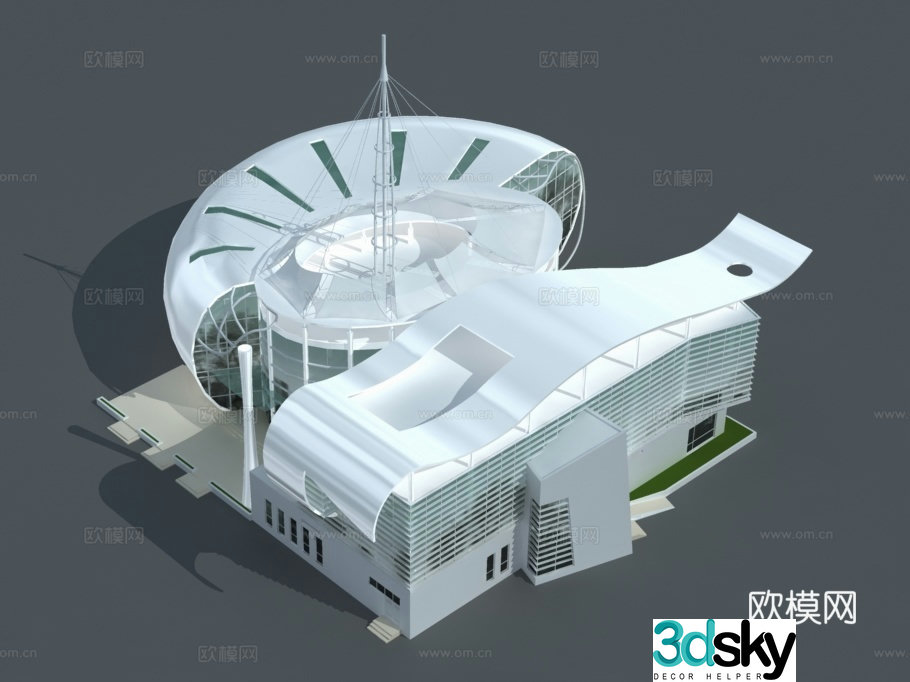 Aerial view 3D model of multi-story public buildings