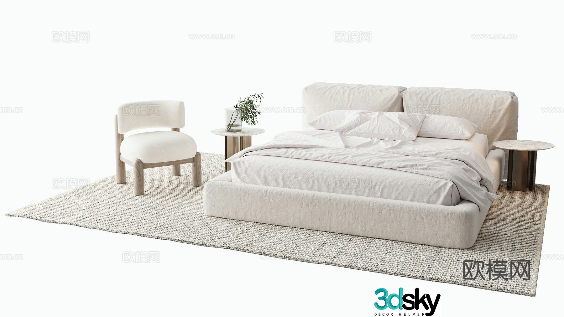 Creamy Double Bed Leisure Chair 3D Model