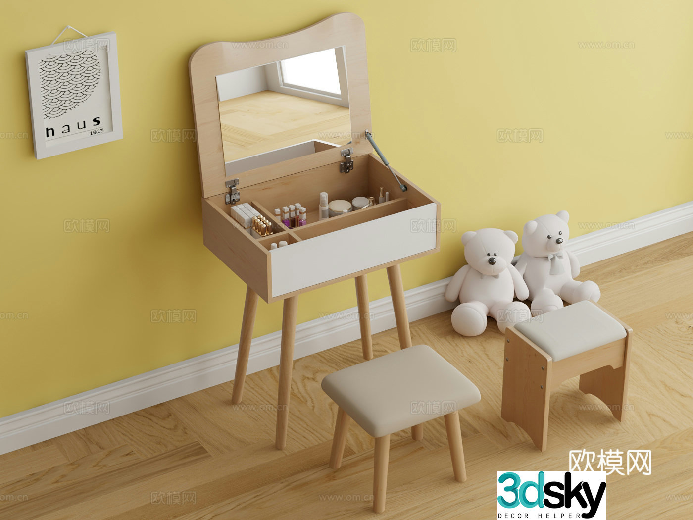 Cream style dressing table Internet celebrity solid wood dressing table 3D model