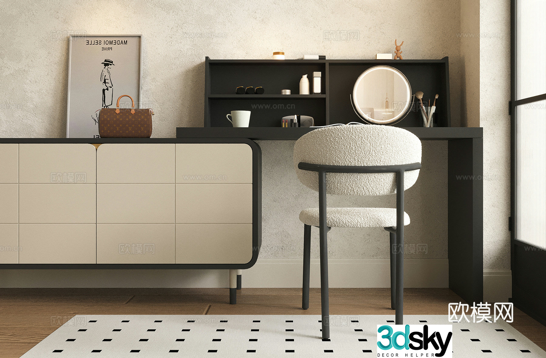 Modern dressing table makeup stool locker 3d model