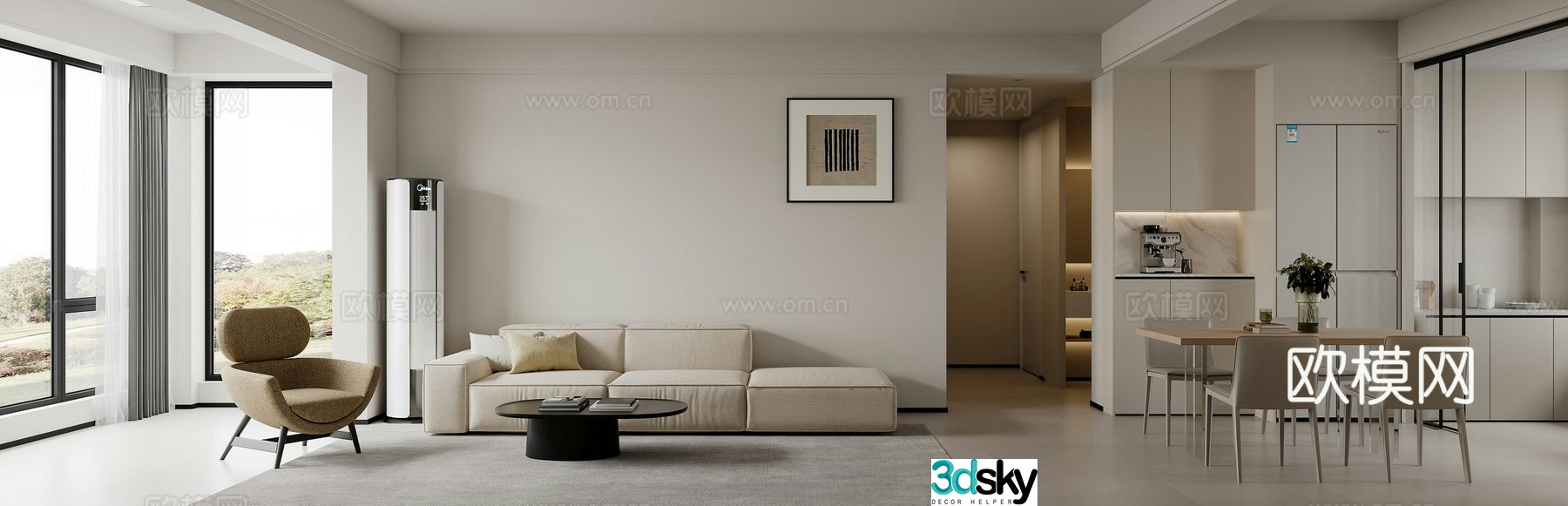 Modern minimalist living restaurant 3d model