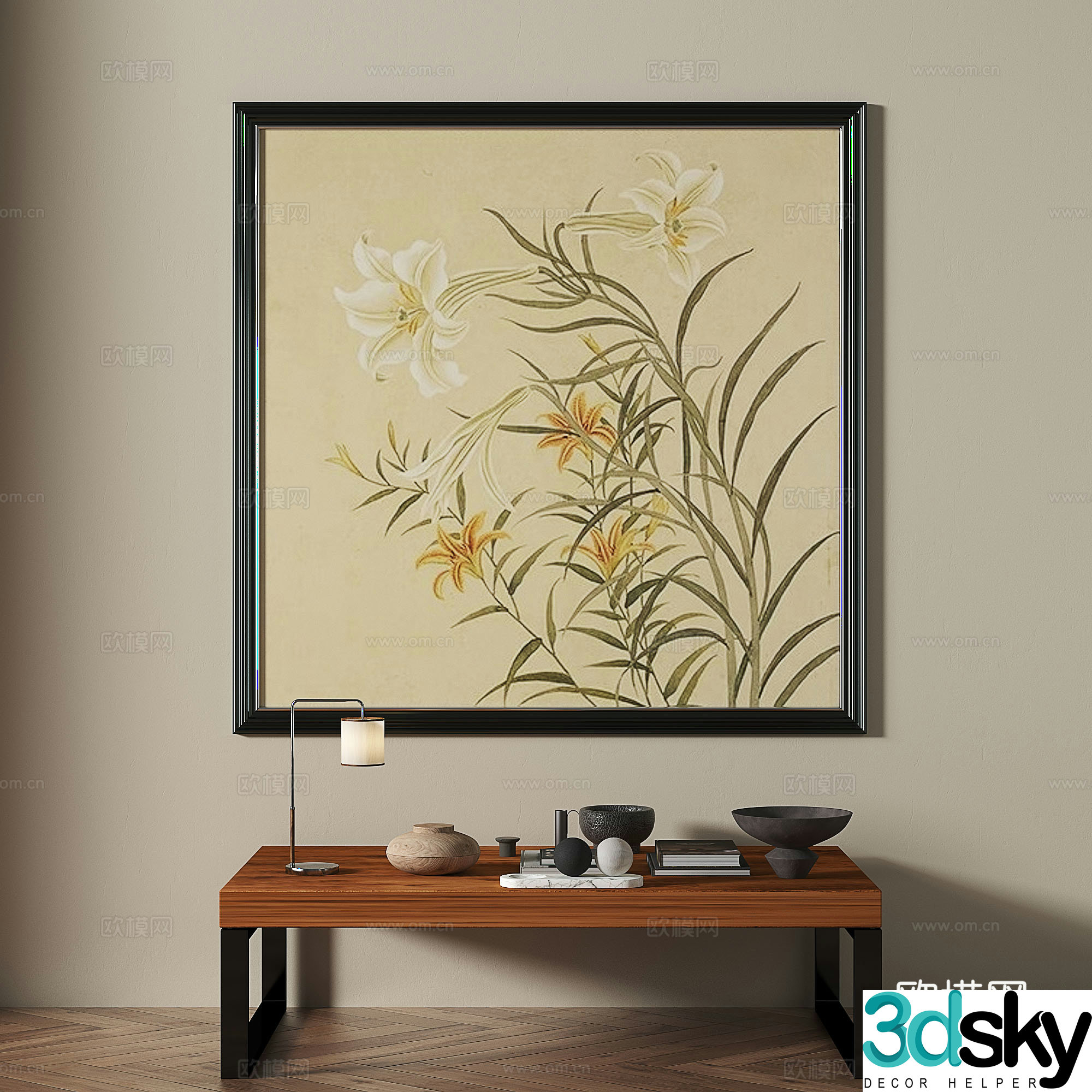 Middle style lily hanging painting decorative painting 3d model