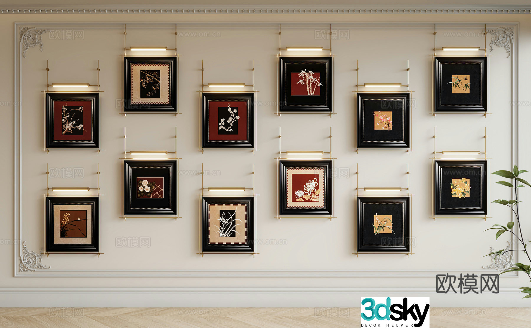 French retro hanging paintings plum orchid bamboo and chrysanthemums living room hanging paintings 3D model