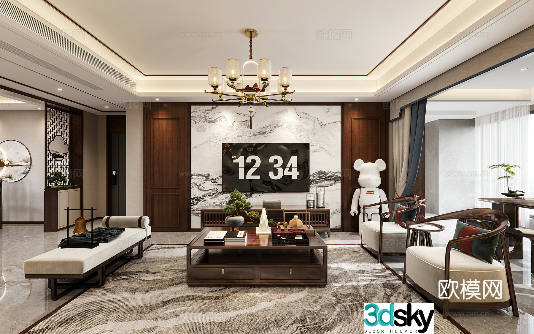 New Chinese style living and dining room 3D model