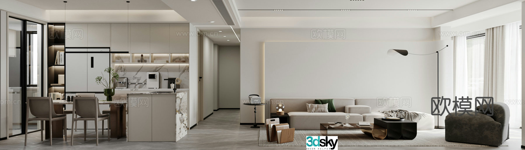 Modern minimalist living and dining room 3D model
