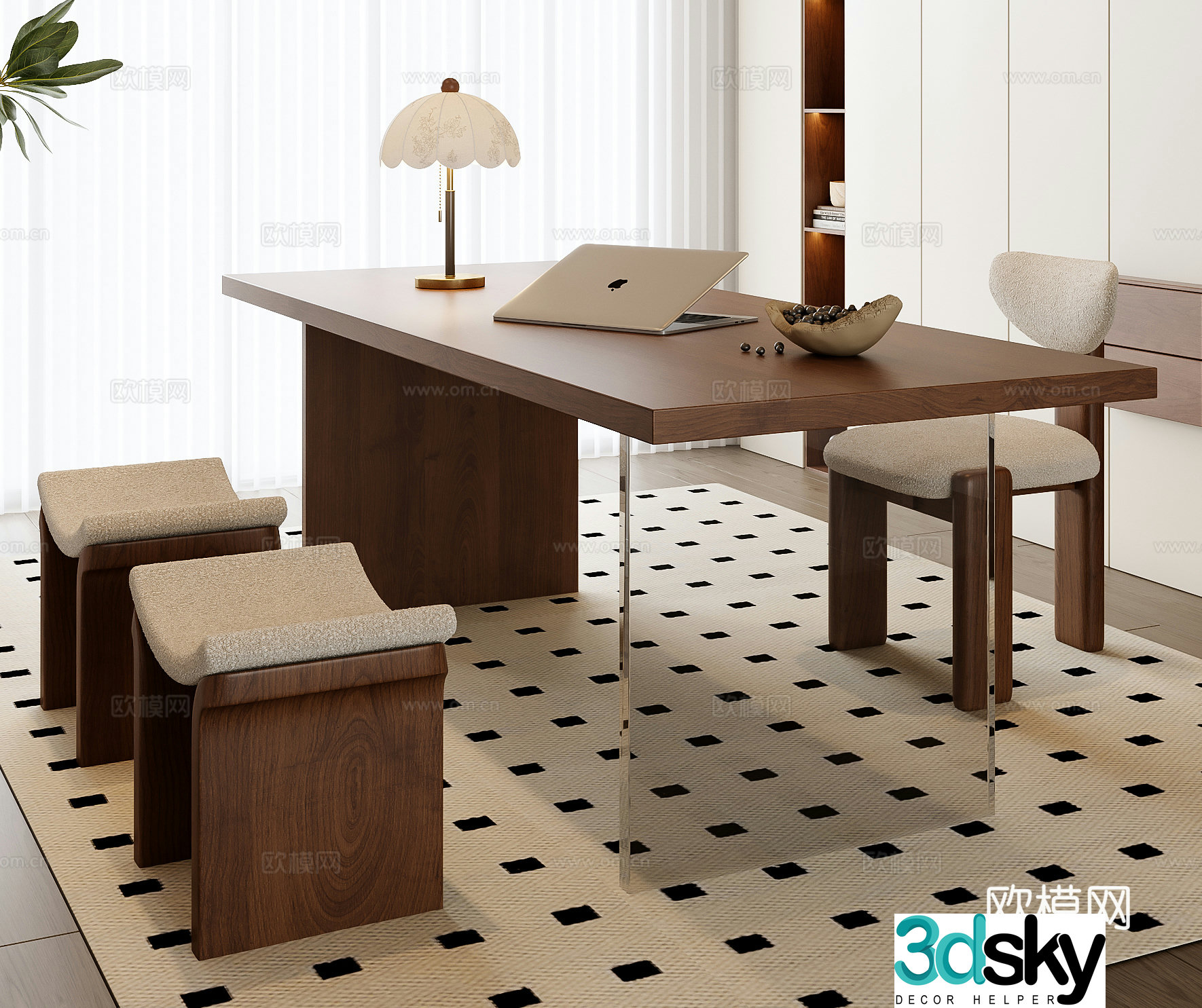 Middle-aged style desk and chair 3D model