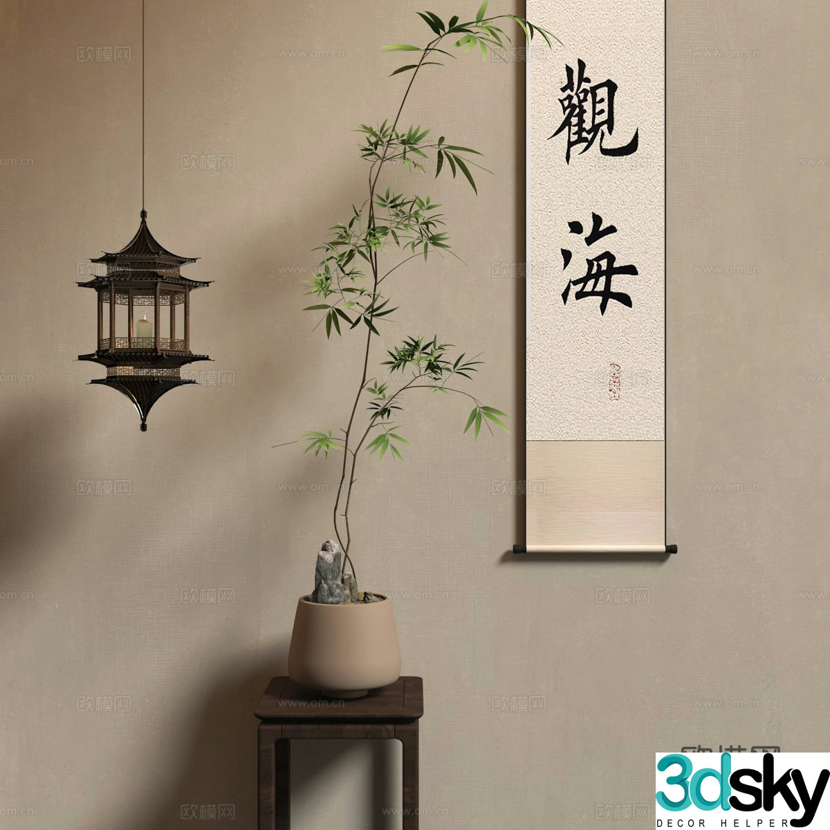 New Chinese style bonsai chandeliers calligraphy and paintings hanging paintings 3D model