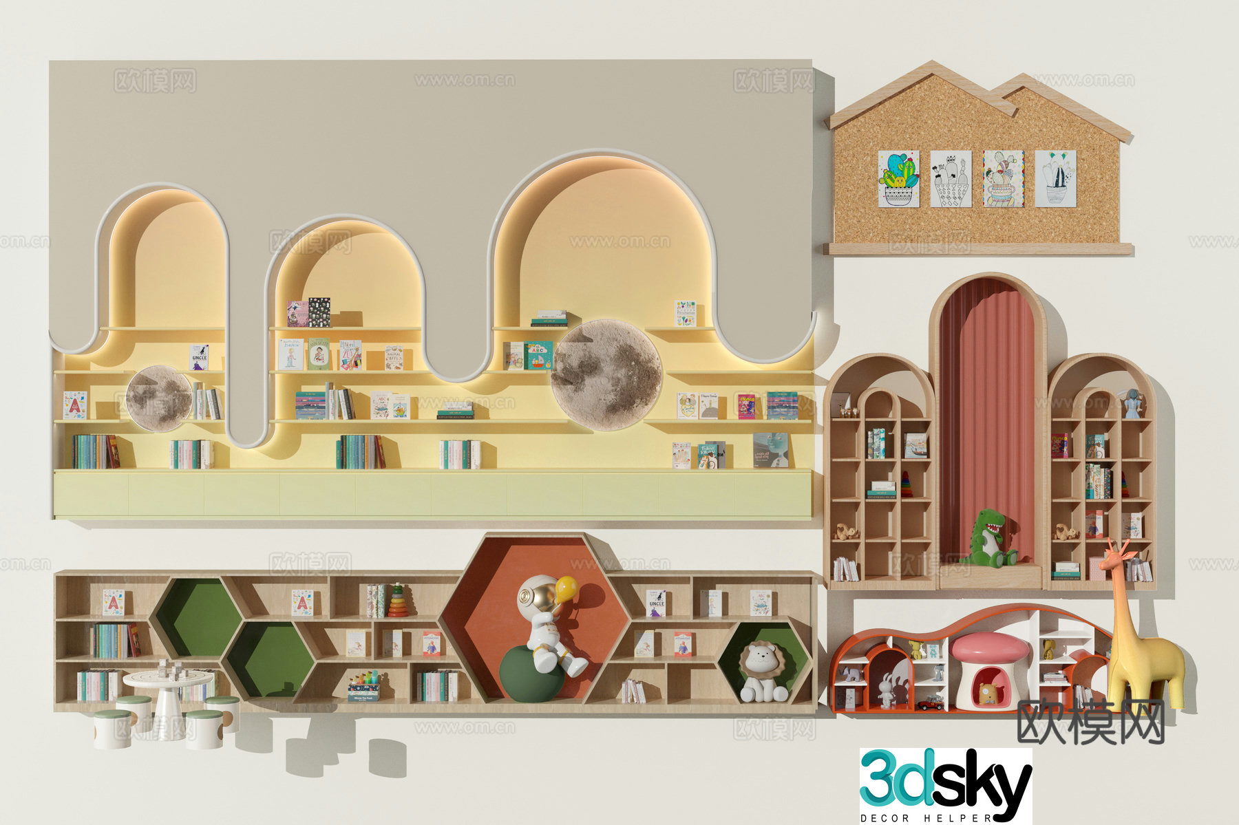 Modern kindergarten bookshelf children’s cabinet cork model bookcase 3D model