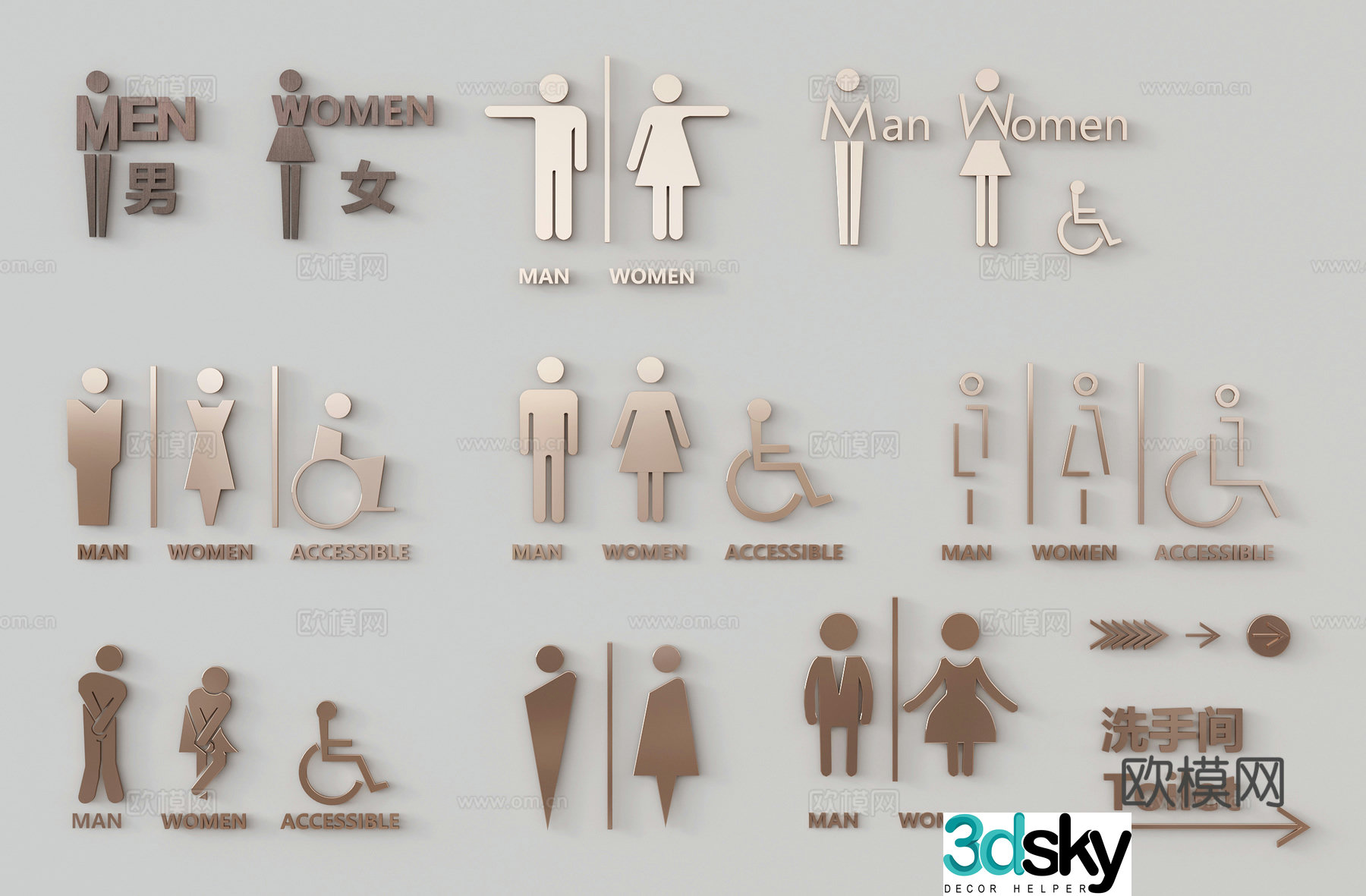 Modern guide sign bathroom sign logo male and female public toilet door sign 3D model