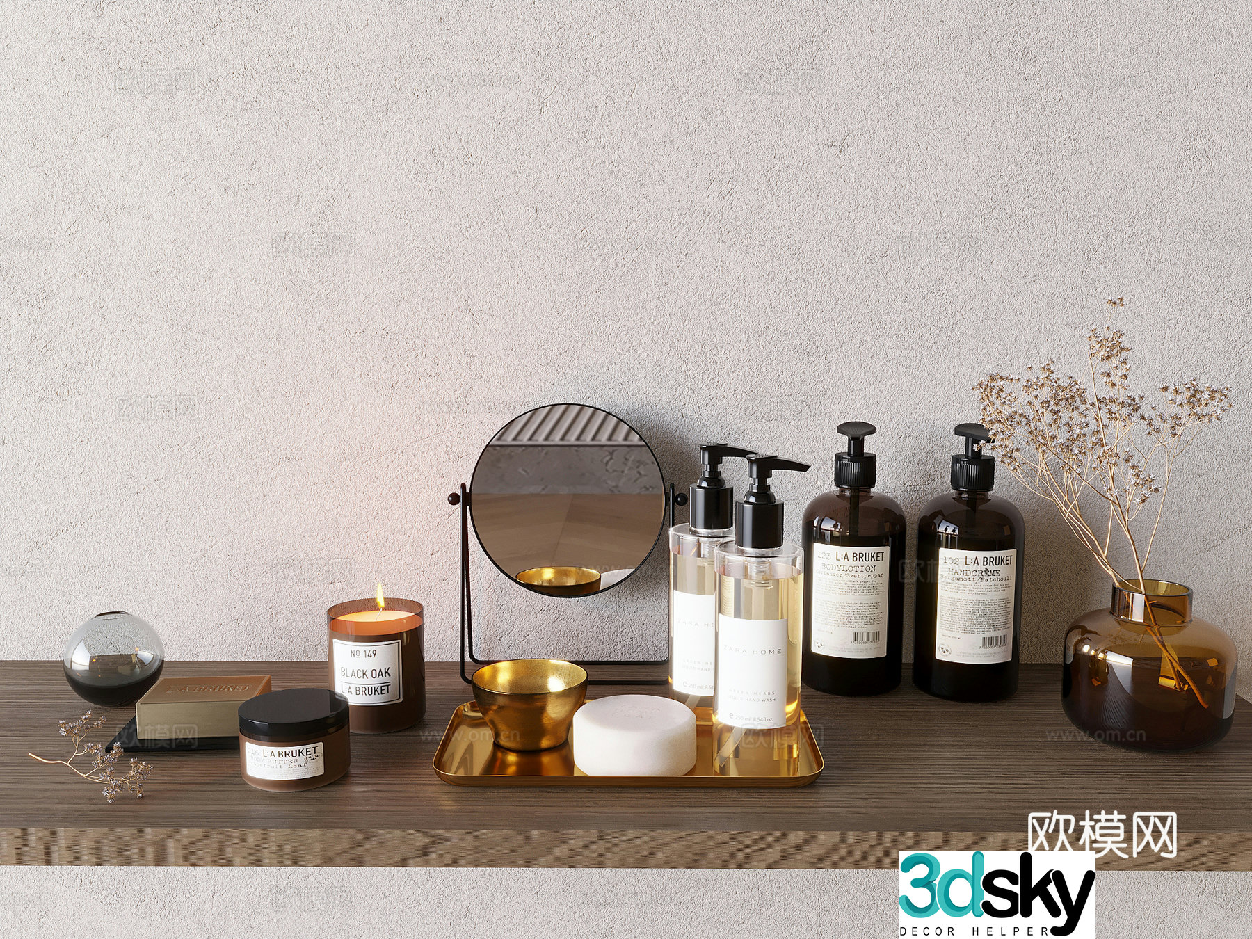 Cosmetics toiletries candles aromatherapy makeup mirror skin care products 3D model