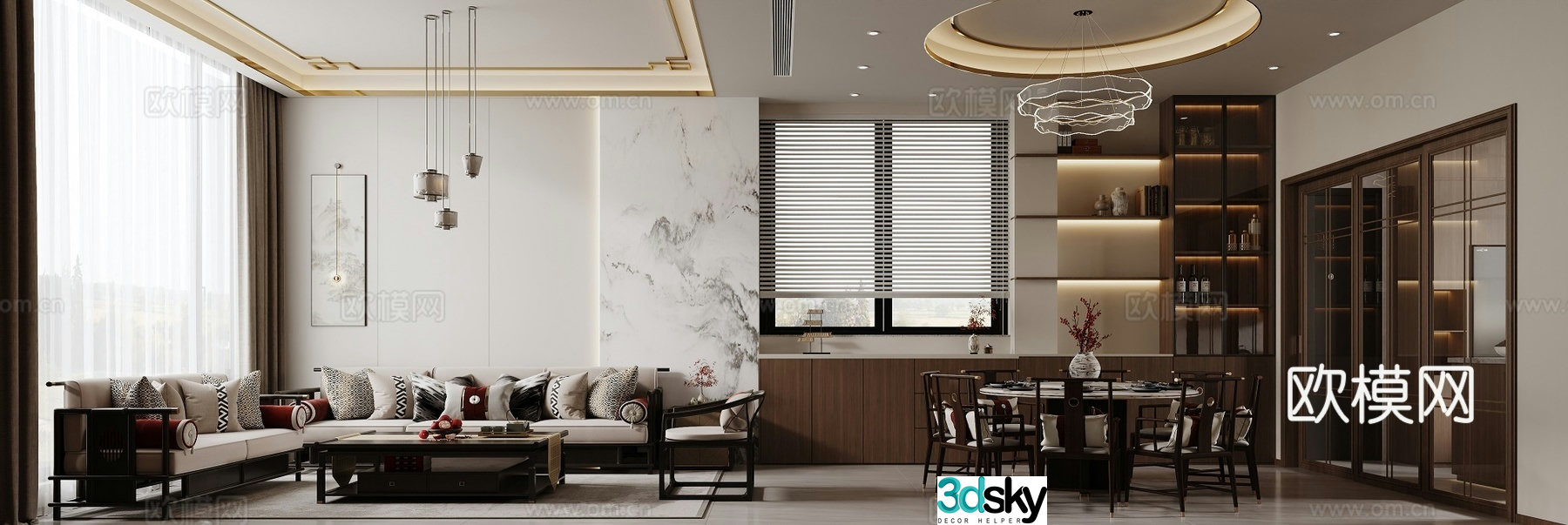 New Chinese style living and dining room 3D model