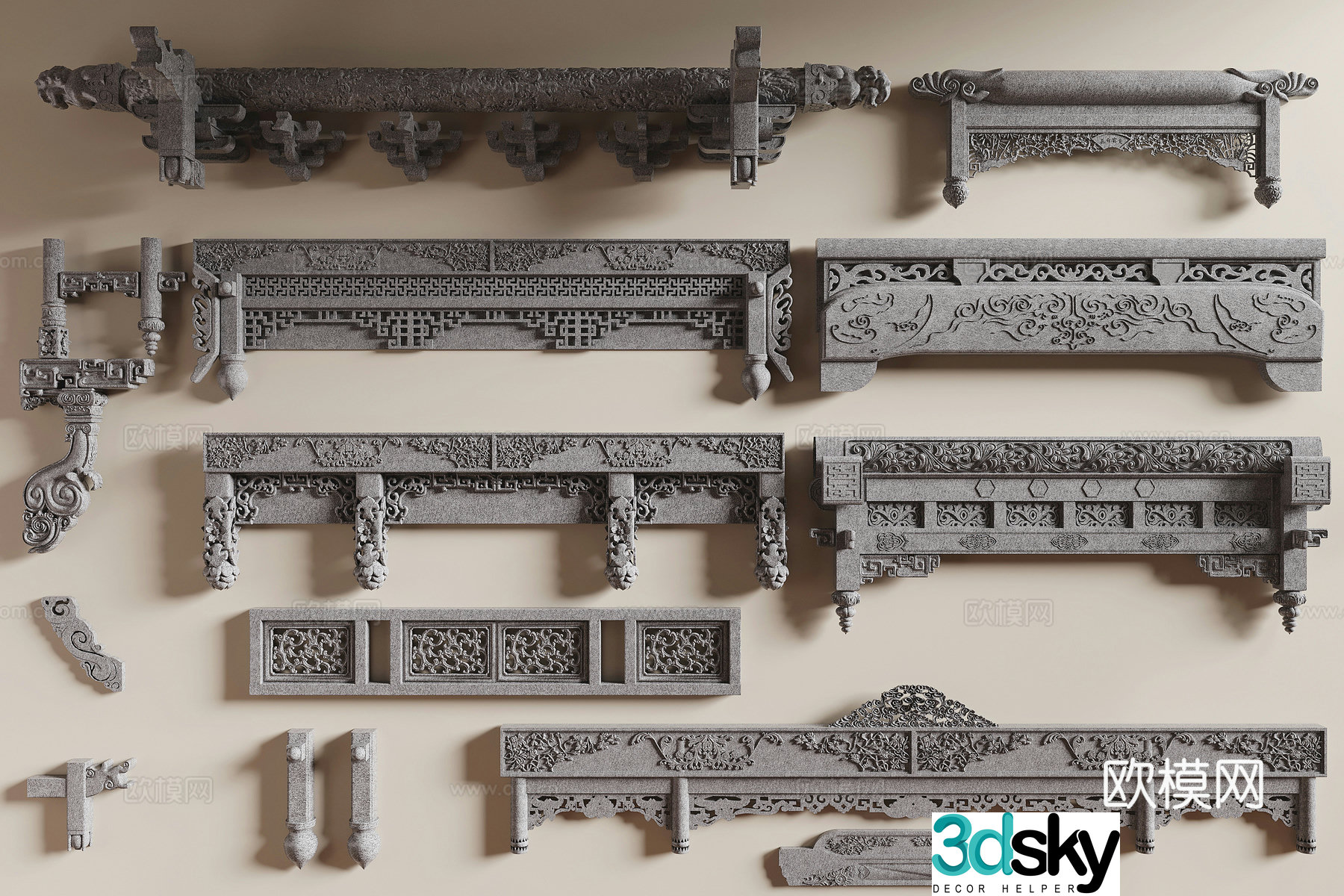New Chinese-style stone carving eaves stone beam carving 3D model