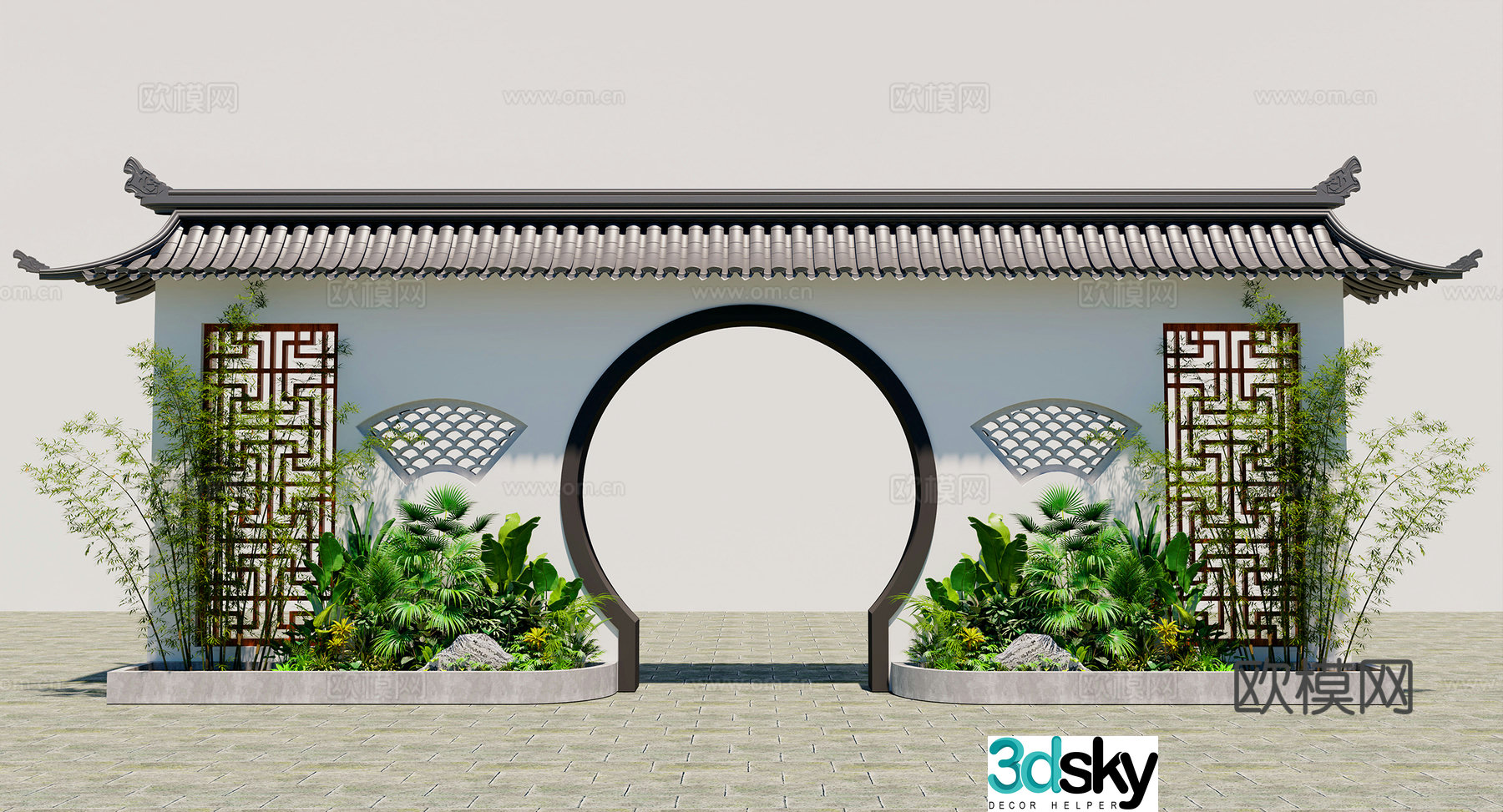 Chinese style ancient building door head Moon cave wall 3D model