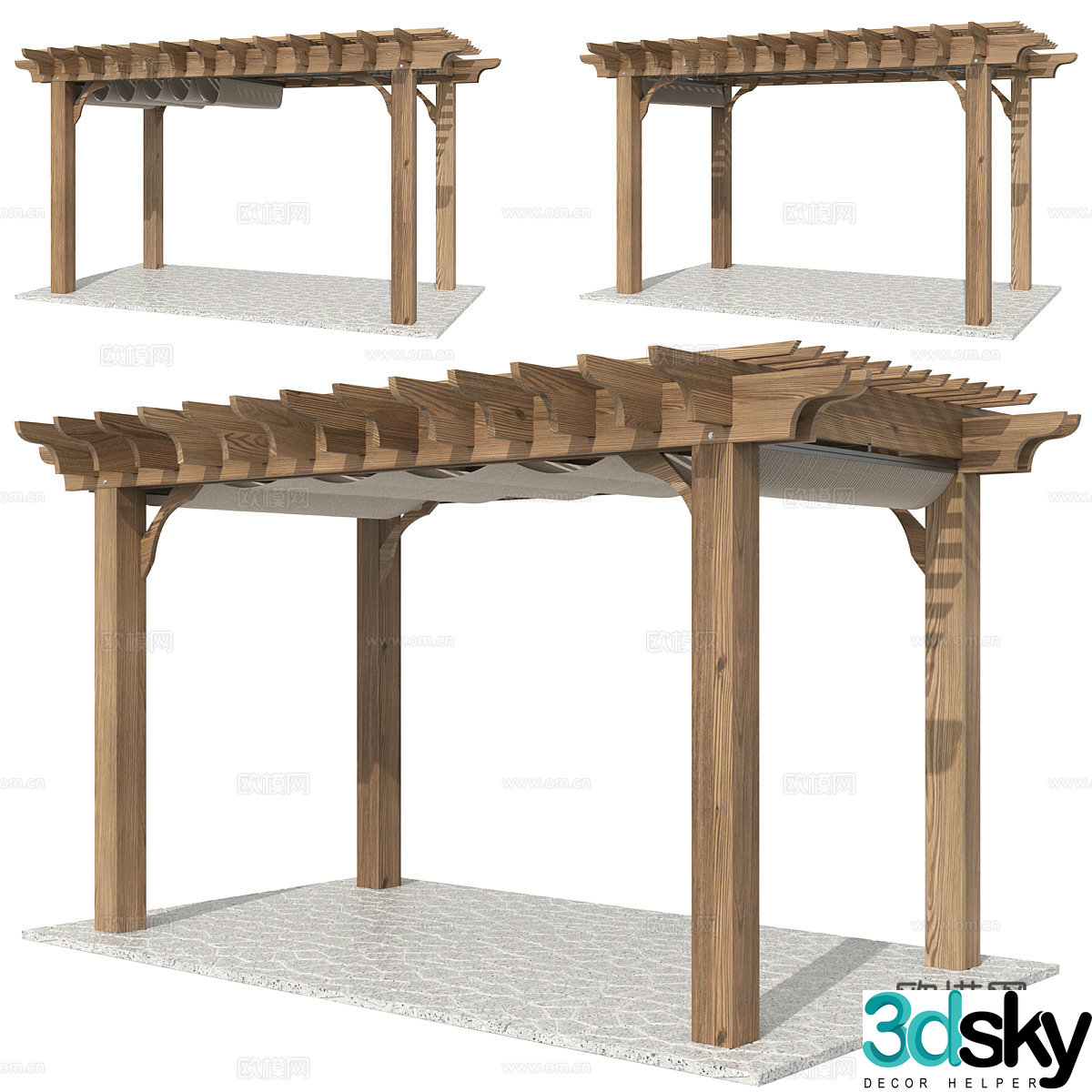New Chinese style wooden pergola pavilion and gallery 3D model