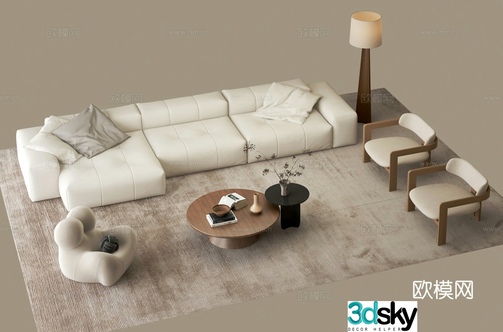 Cream style combination sofa lazy sofa floor lamp 3d model