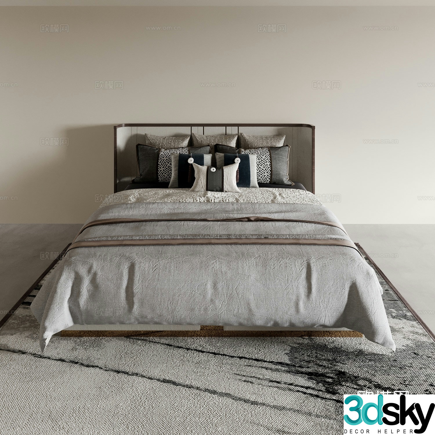 New Chinese style double bed hotel bed 3d model