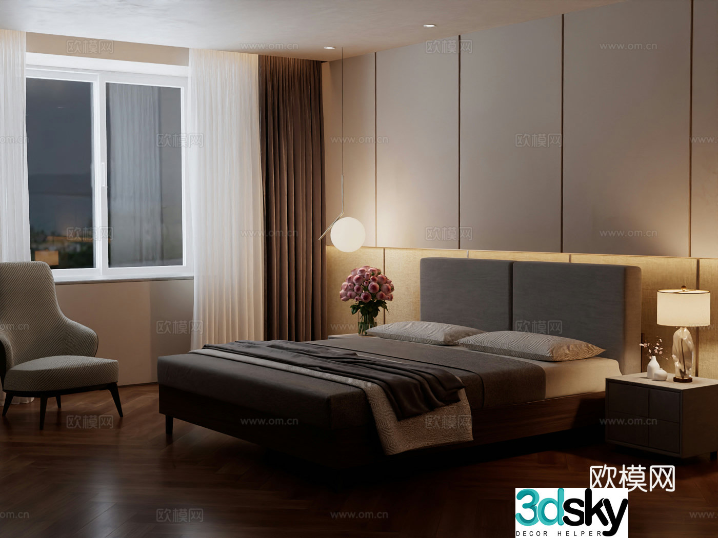 Modern minimalist bedroom night view 3d model
