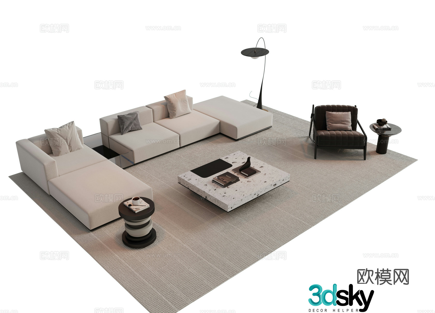 Italian style stitching sofa combination sofa 3D model