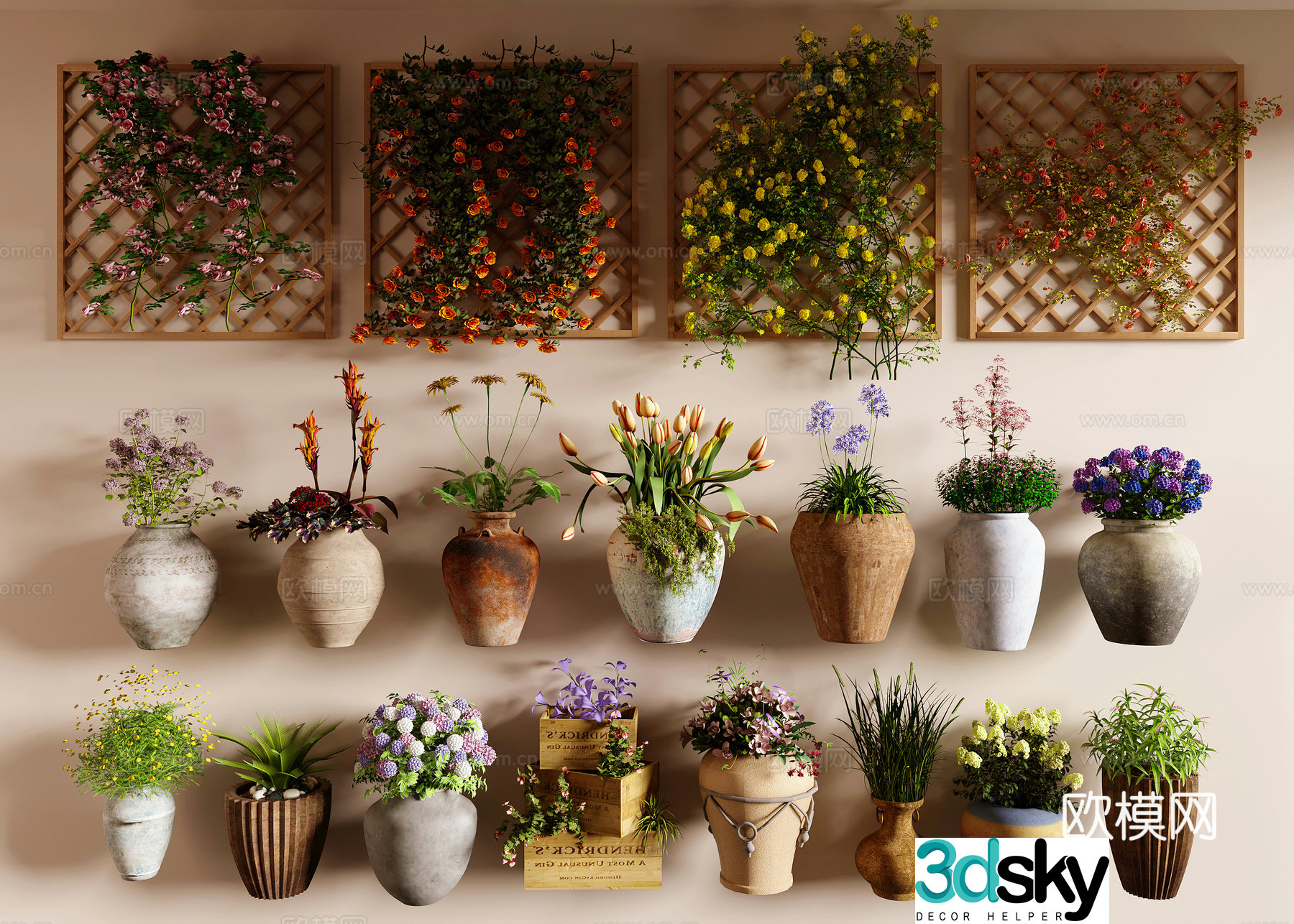 Clay pots flower pots plant wall flower wall potted 3D model