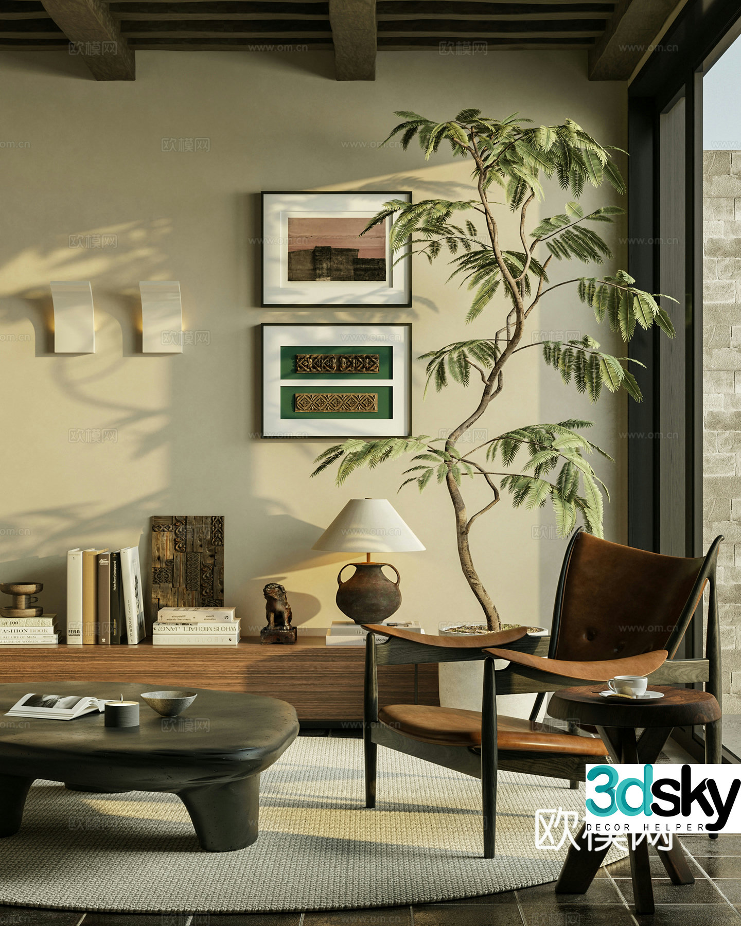 Wabi-sabi style coffee table base cabinet leisure chair 3d model