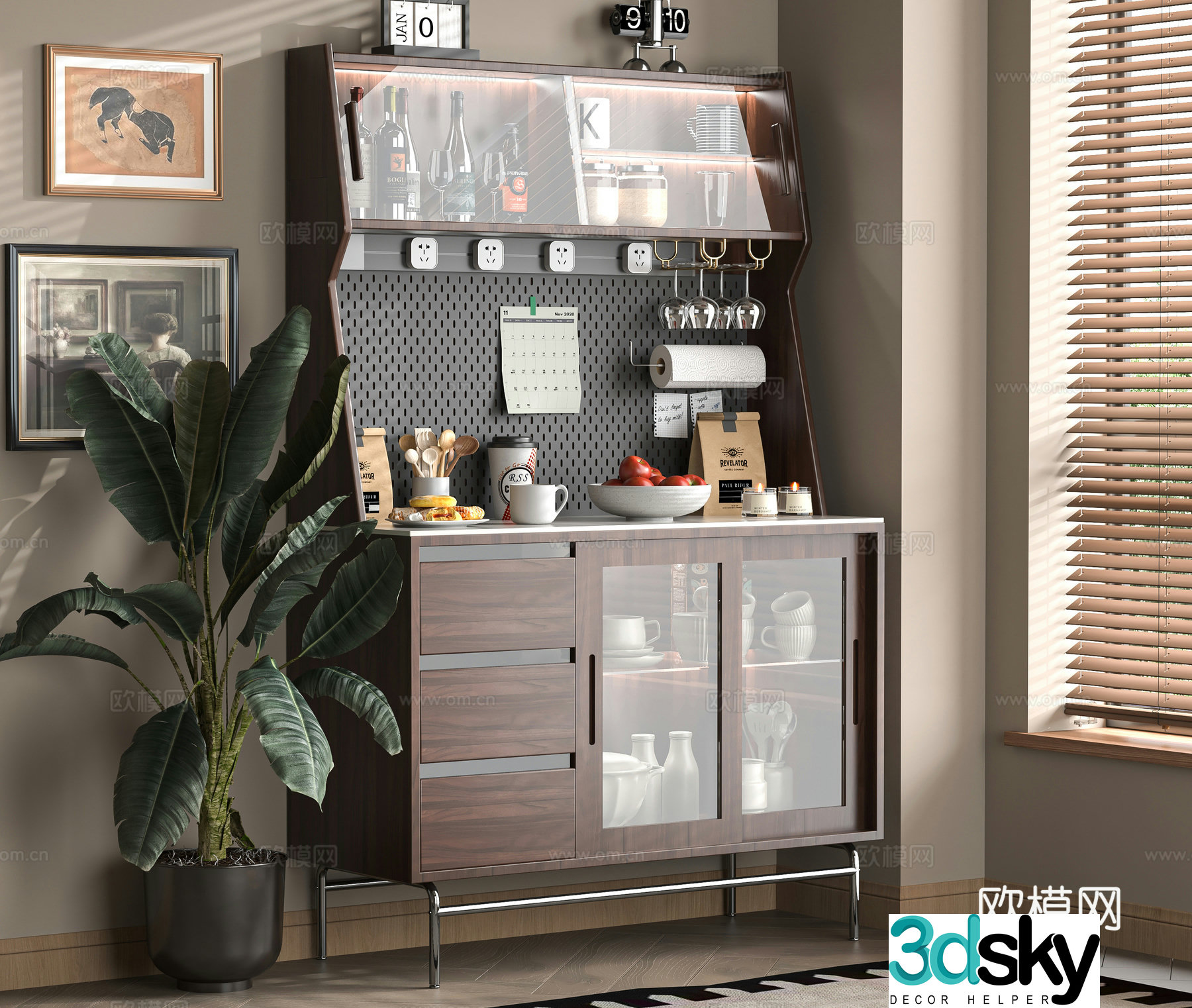 Middle-aged sideboard hole board 3D model