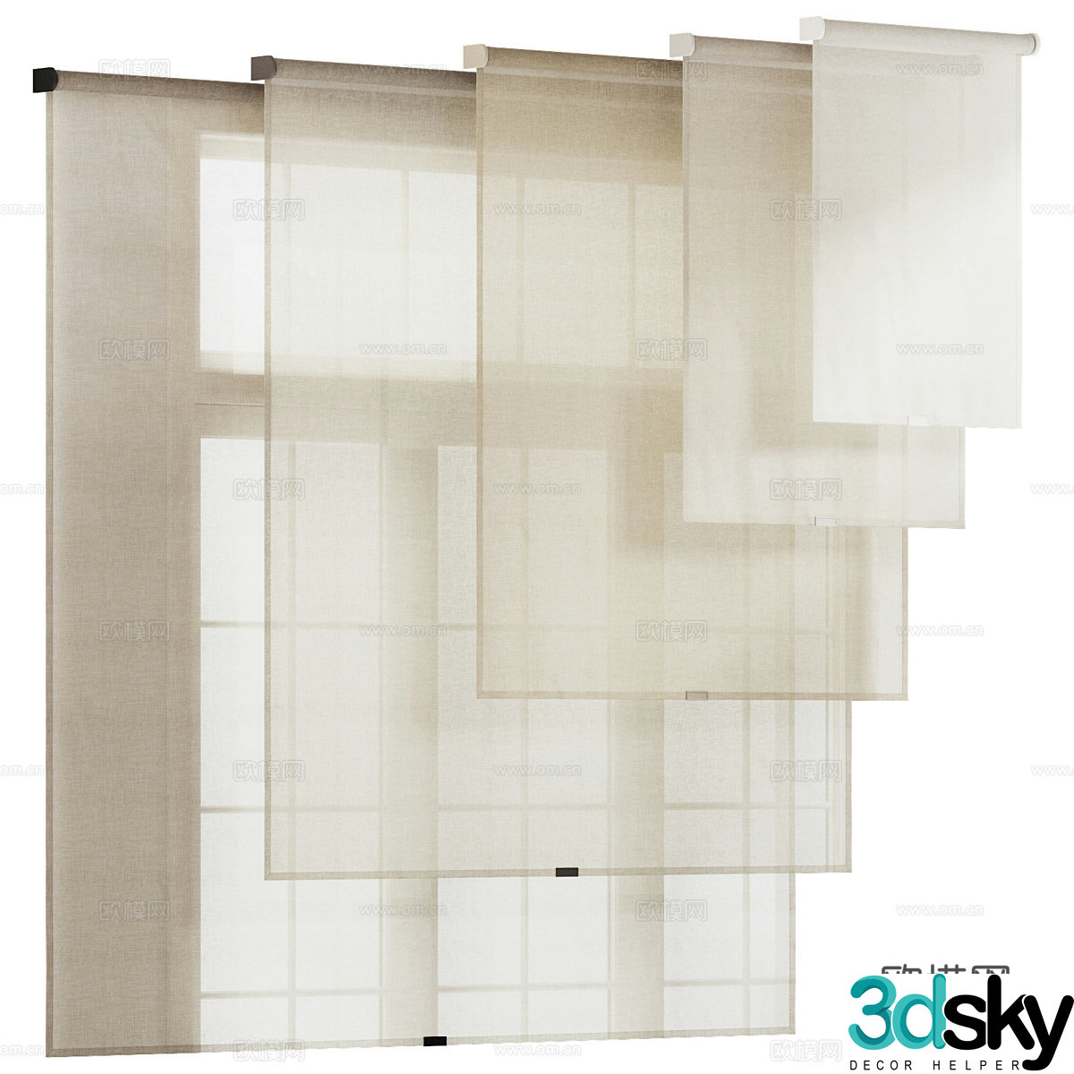 New Chinese cotton and linen curtains tulle roller blinds 3D model
