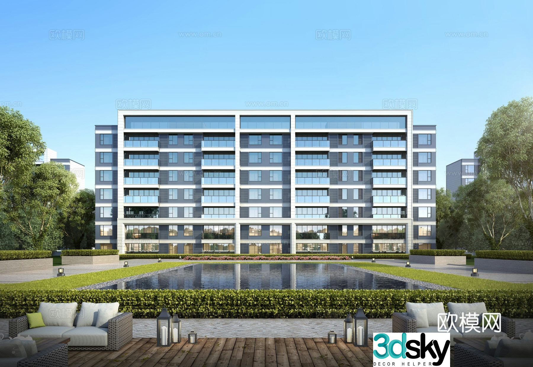 Multi-story residential building exterior 3D model