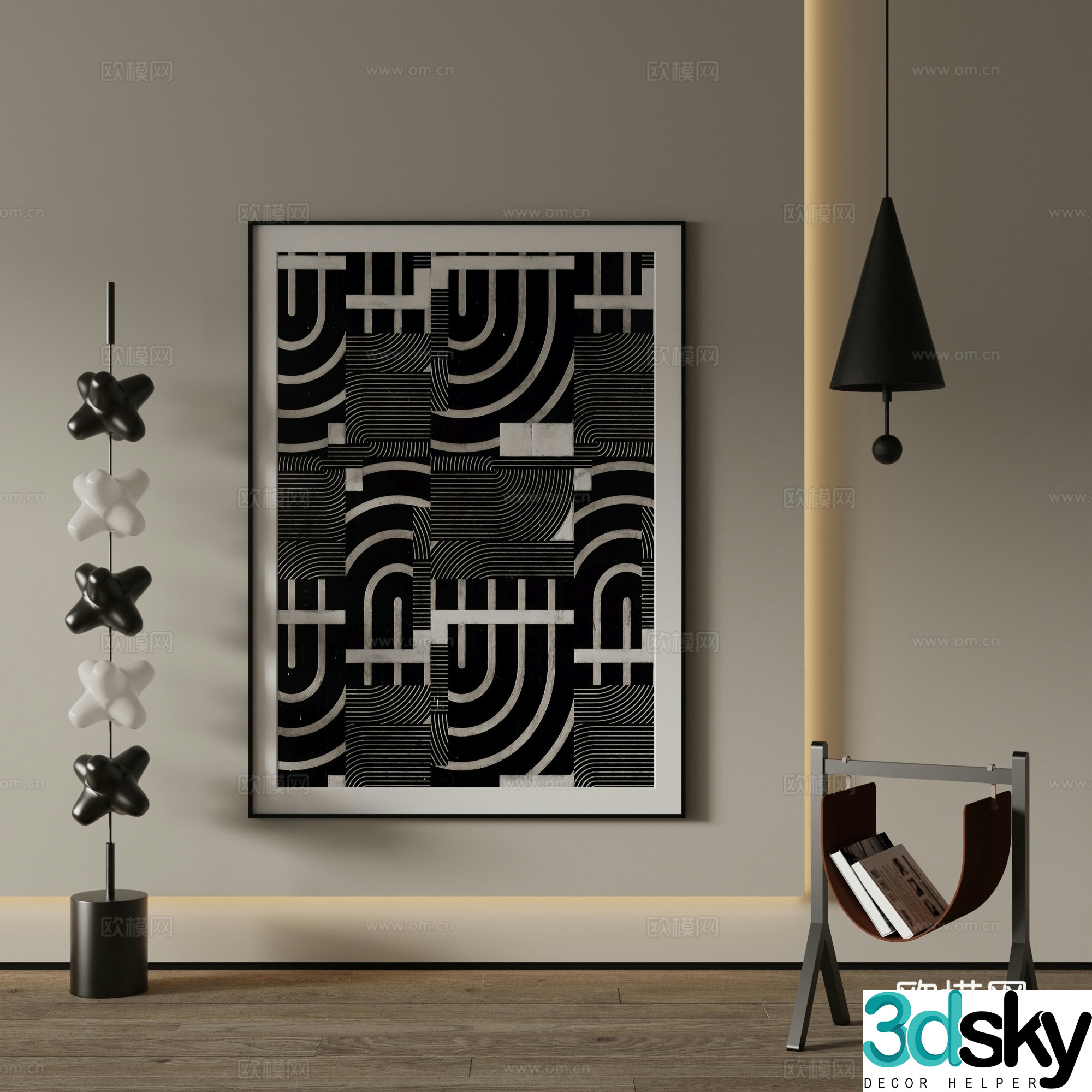 Modern decorative painting black and white abstract painting 3d model