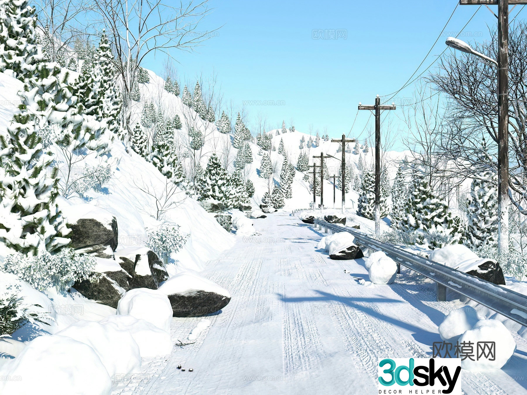 Winter snow scene snow stones snow trees snow snow pavement 3D model
