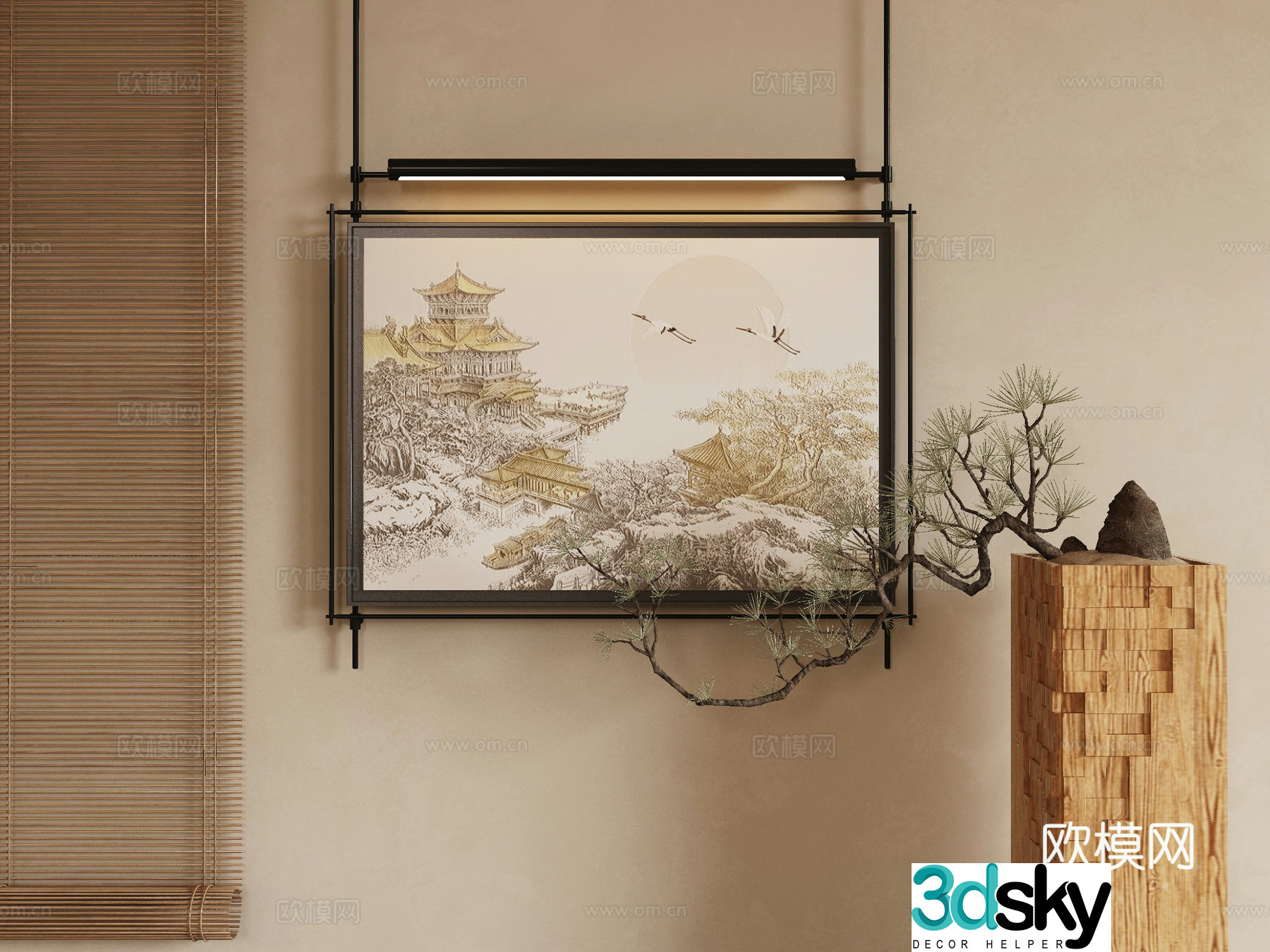 New Chinese style decorative paintings metal pole hanging paintings architectural paintings 3D model