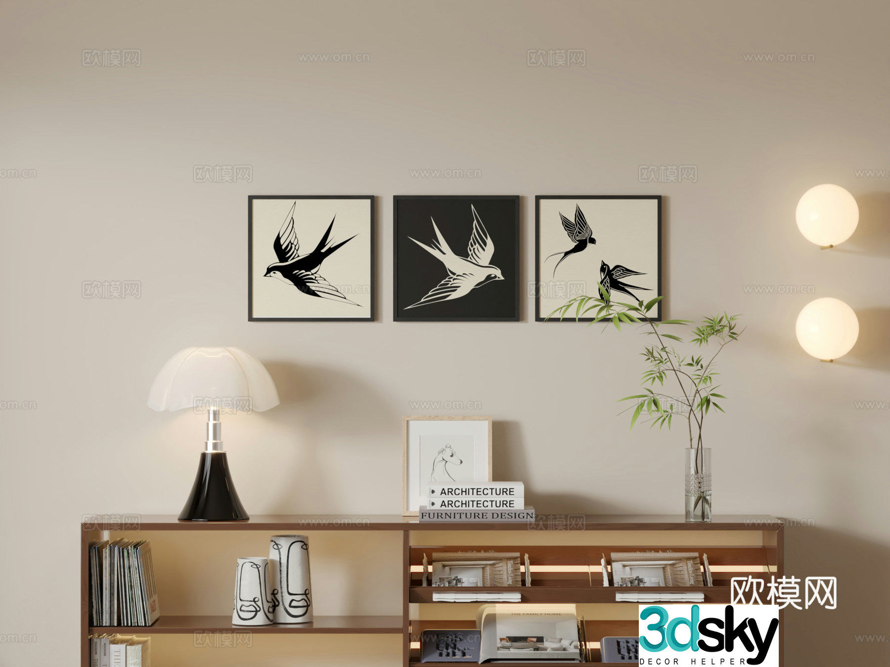 Middle-style square hanging painting swallow combination painting 3D model