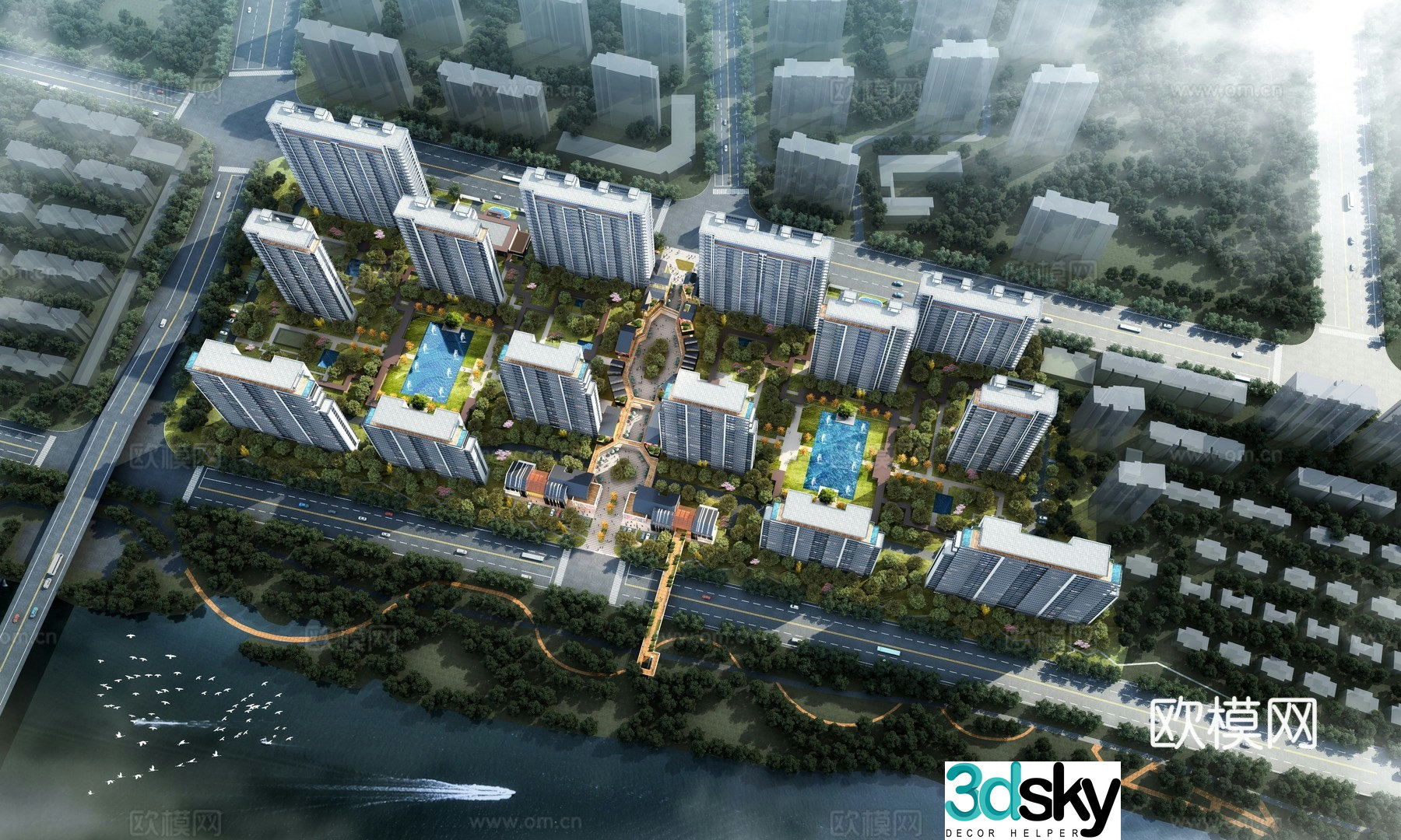 A bird’s -eye view 3D model in modern residential community