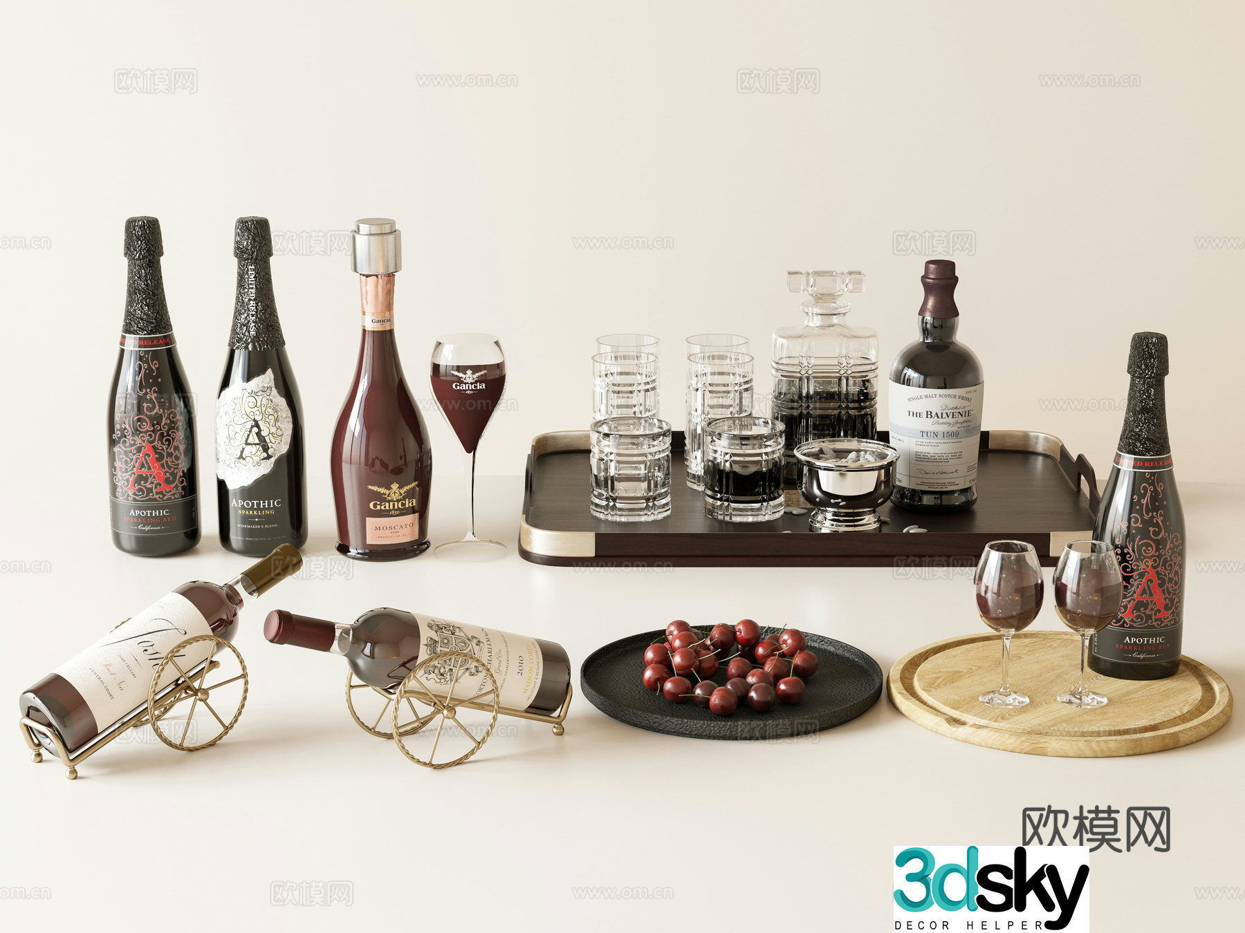 Red wine tray liquor wine wine bottle 3D model