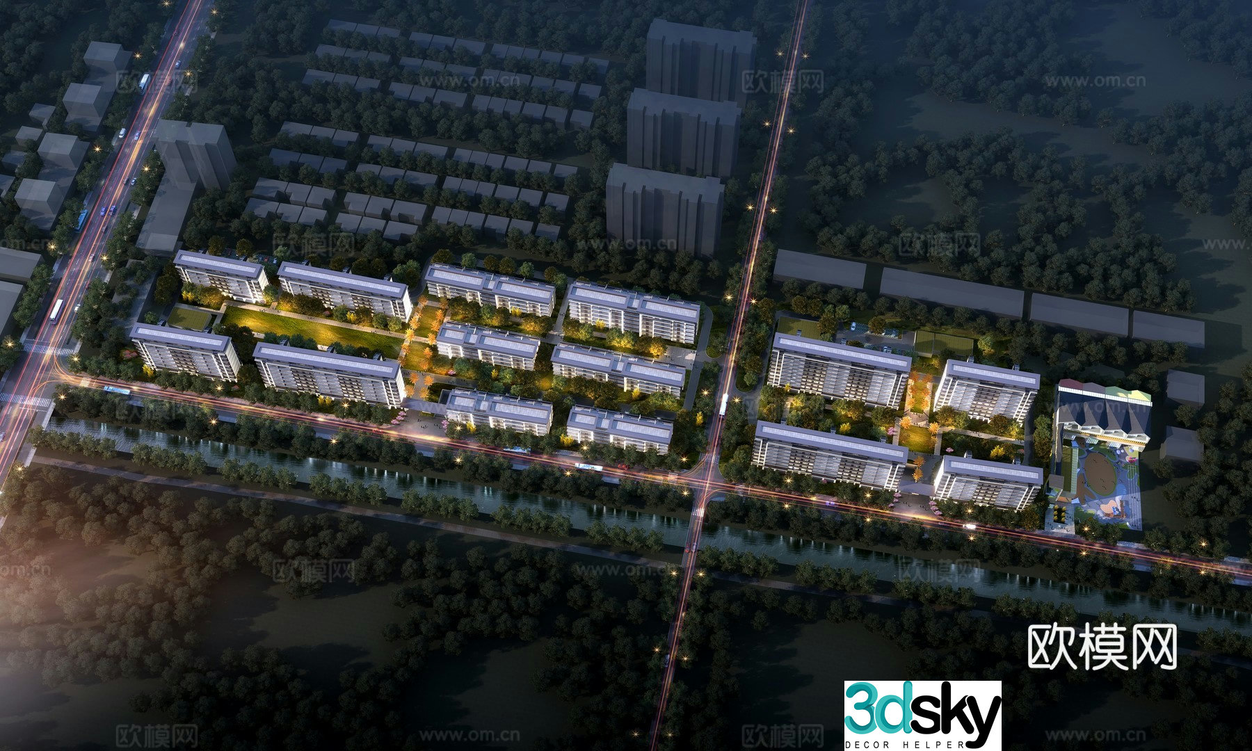 Residential community bird’s eye view night view 3D model