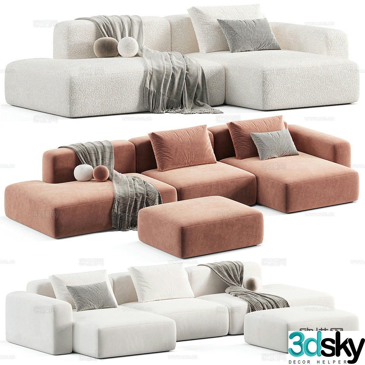 Modern fabric sofa splicing multi-person sofa 3D model