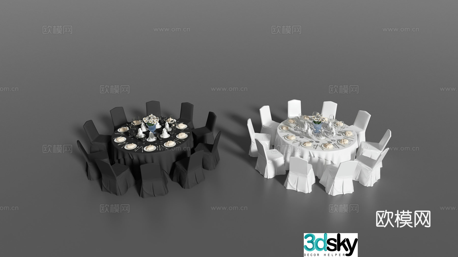 Modern banquet table dinner table round dining table and chairs 3d model