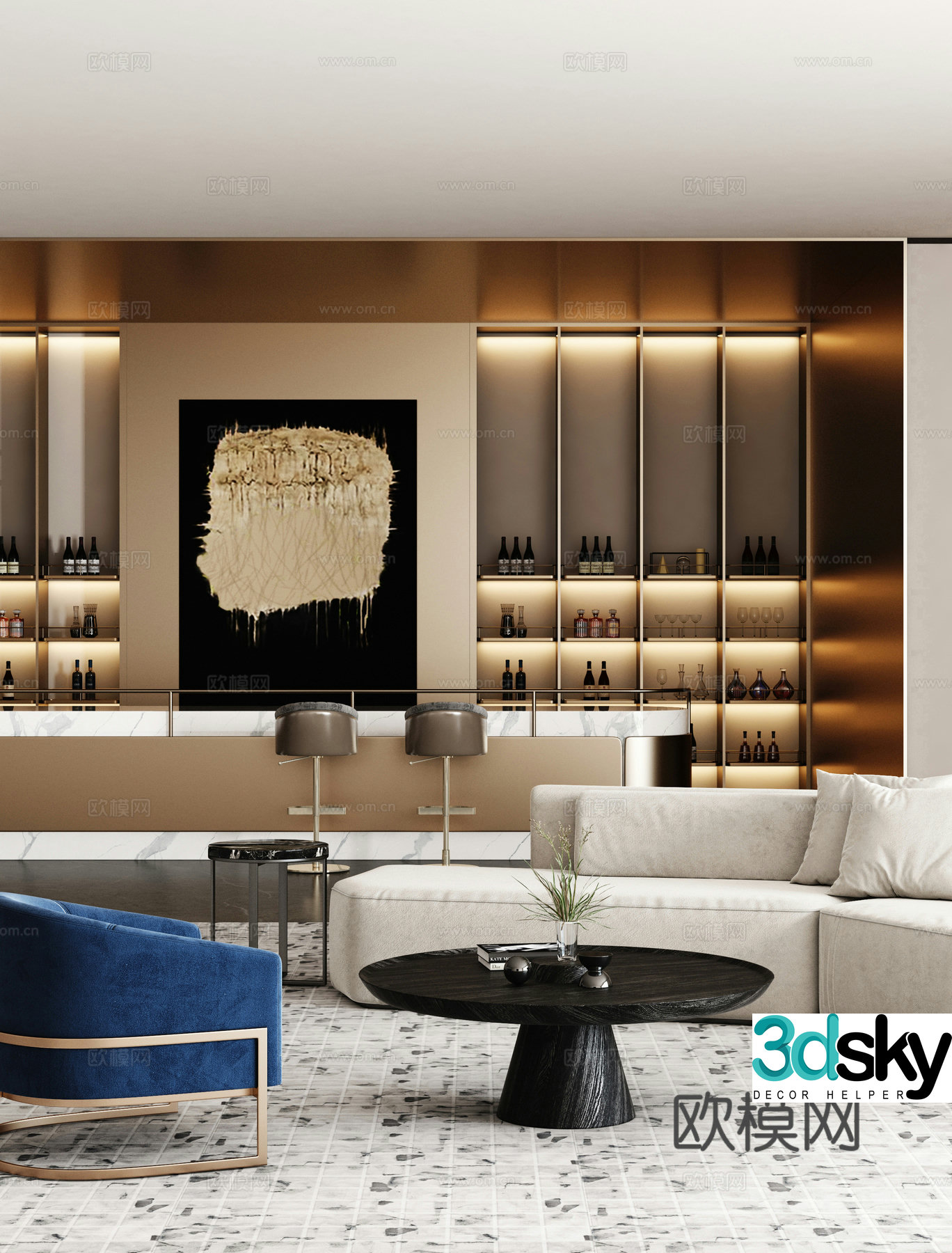 Light luxury sales office reception hall water bar area 3D model