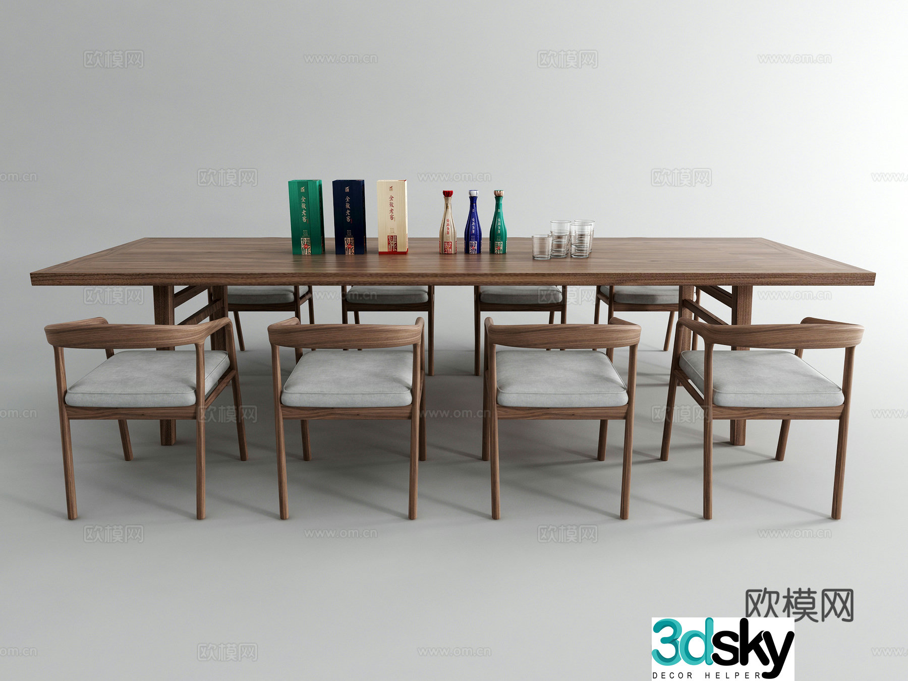 Modern solid wood table and chairs long dining table 3D model
