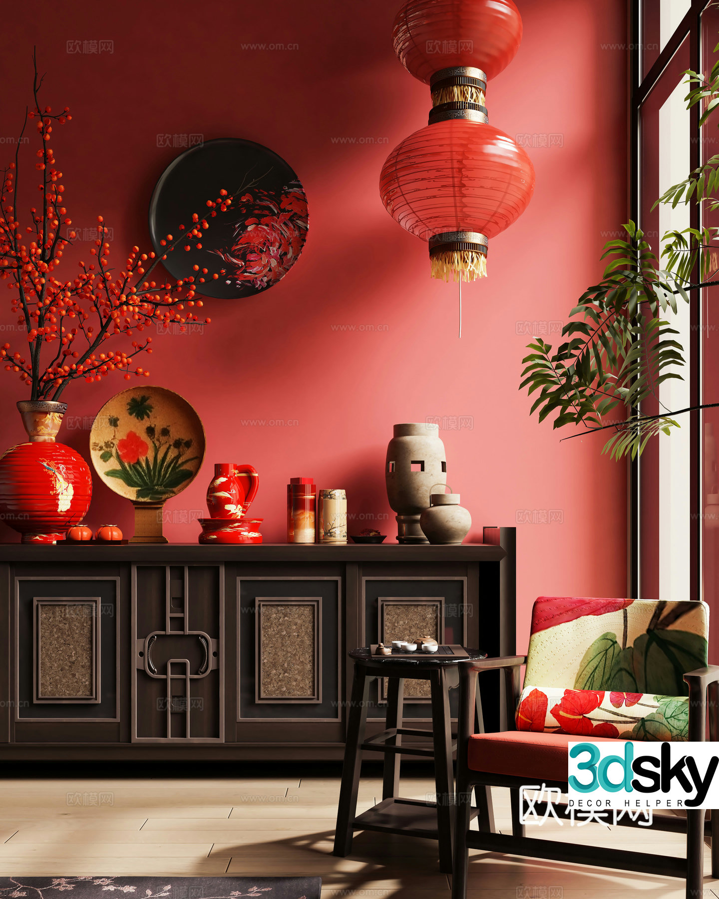 New Chinese style leisure chair corner table side cabinet 3d model